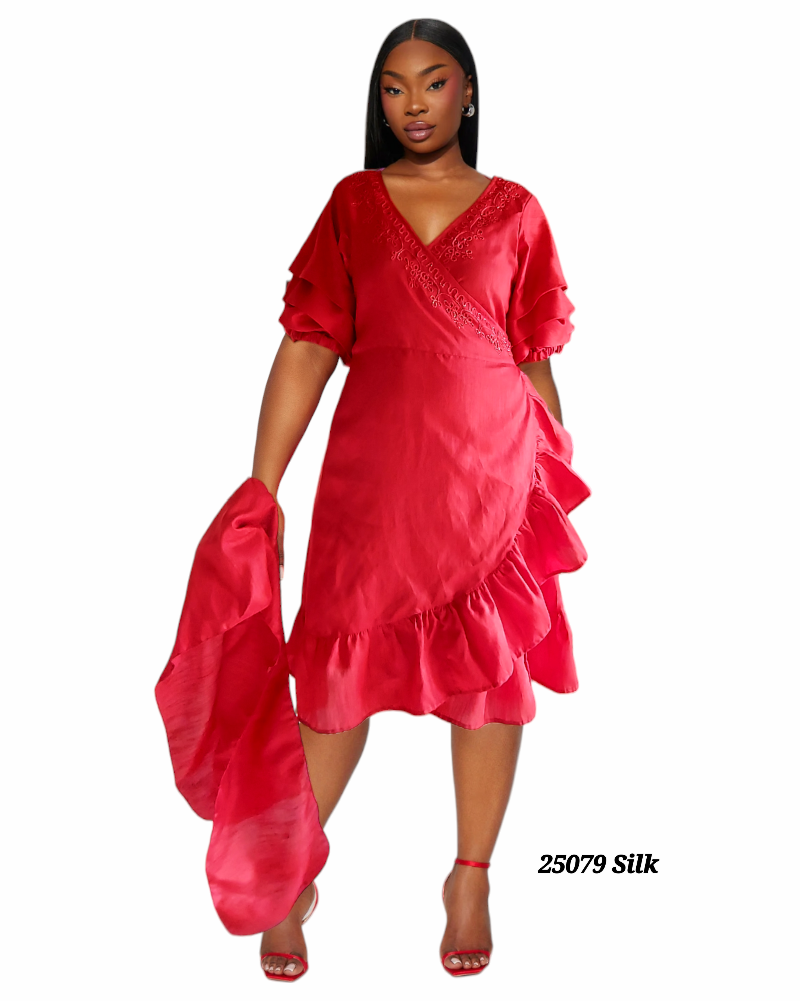 Faux Silk Wrap Dress / Mid Length 25079 Red
