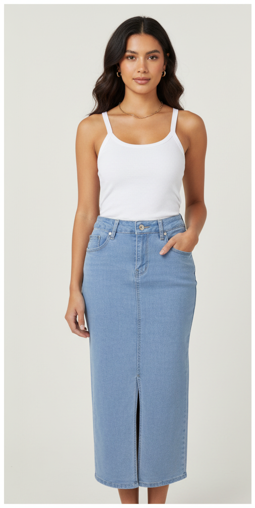 Denim  Skirt with Front Slit-Light Blue P4292