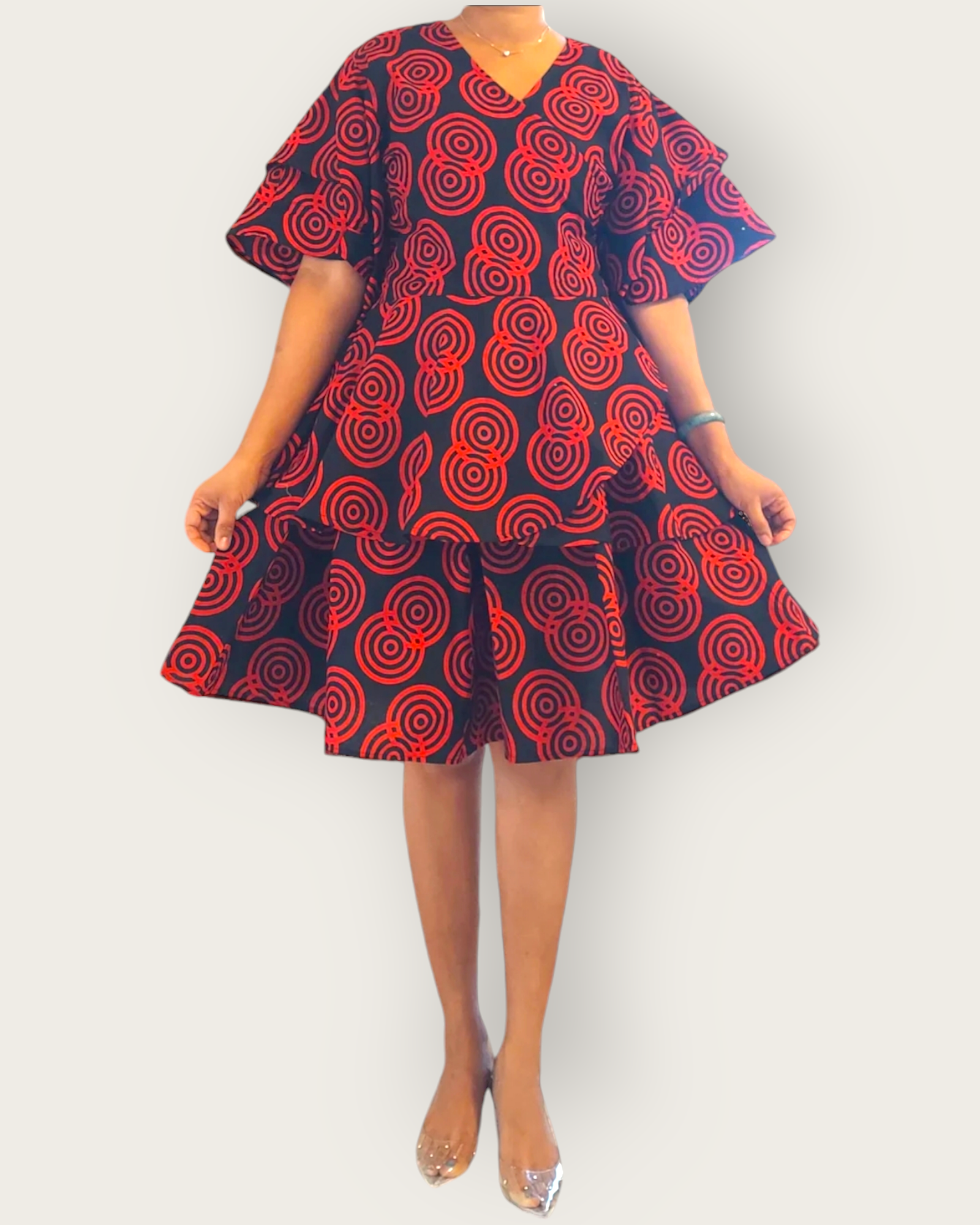 Set / Wrap Blouse & Skirt Set -Red/Black