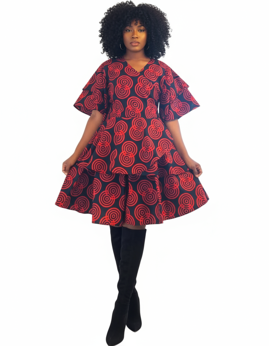Set / Wrap Blouse & Skirt Set -Red/Black