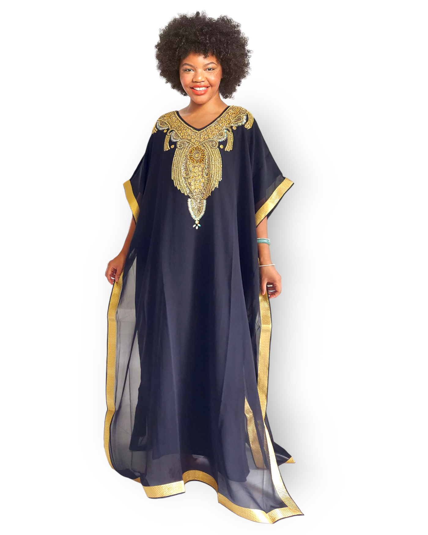 Beaded kaftan Dress With Gold Border - Black India Batik Beaded kaftan Dress With Gold Border - Black India Batik