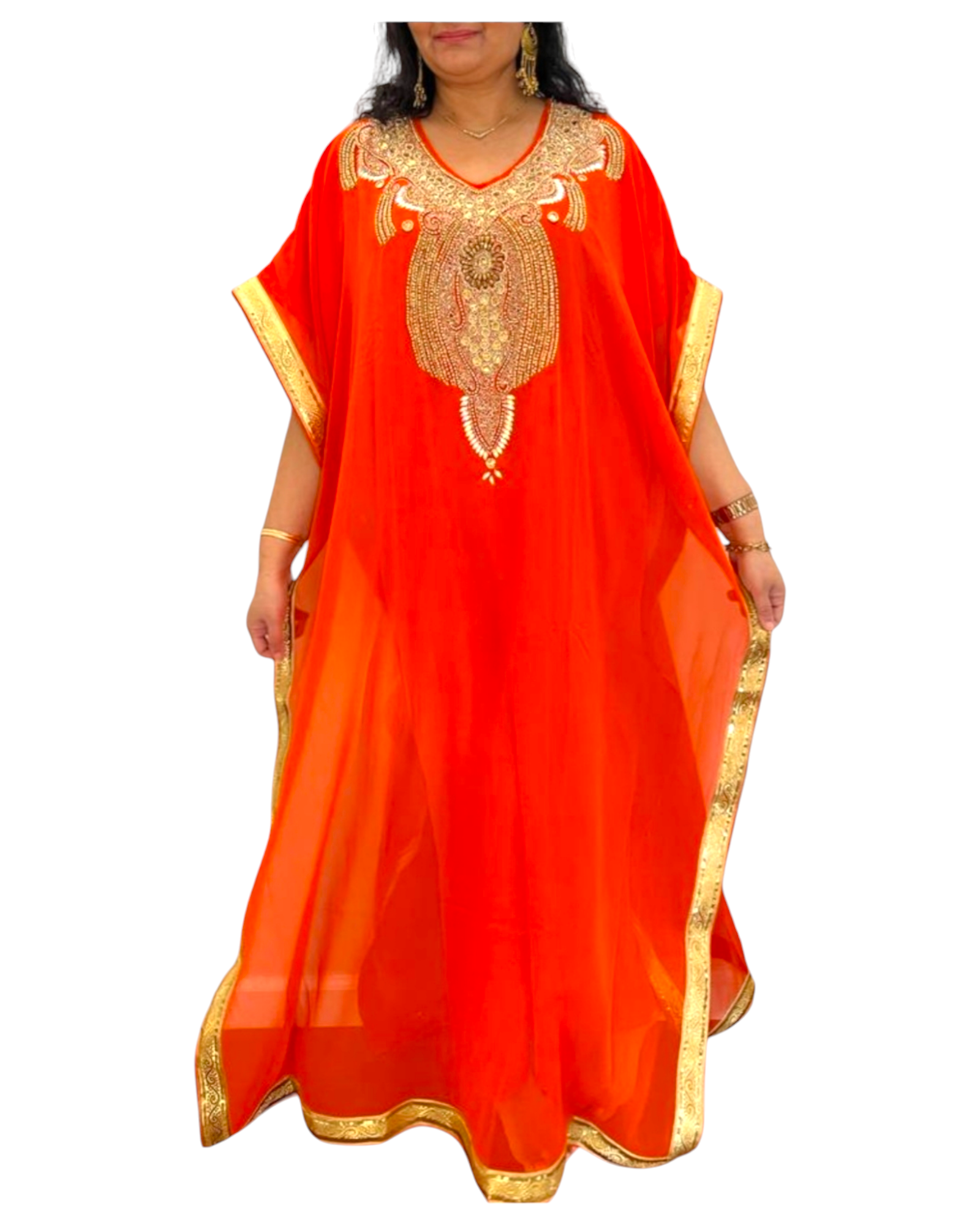 Beaded kaftan Dress With  Border Orange