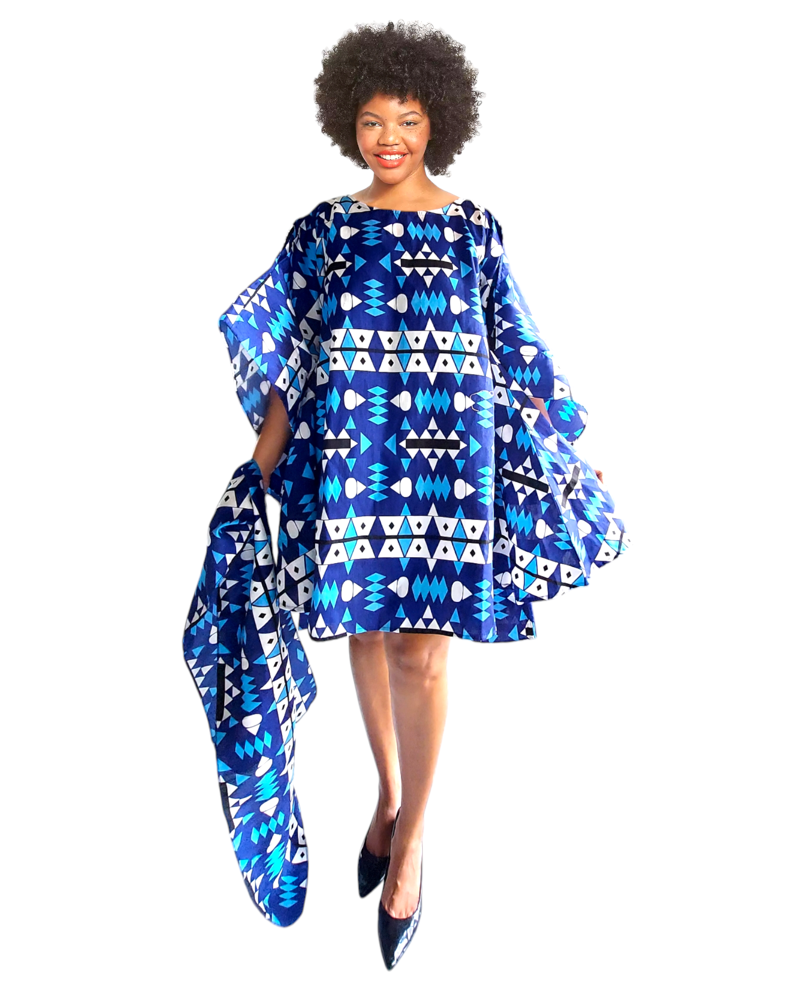 Wing Dress/Faux Silk/Poncho Dress/ Wing Sleeves-Printed 25032C