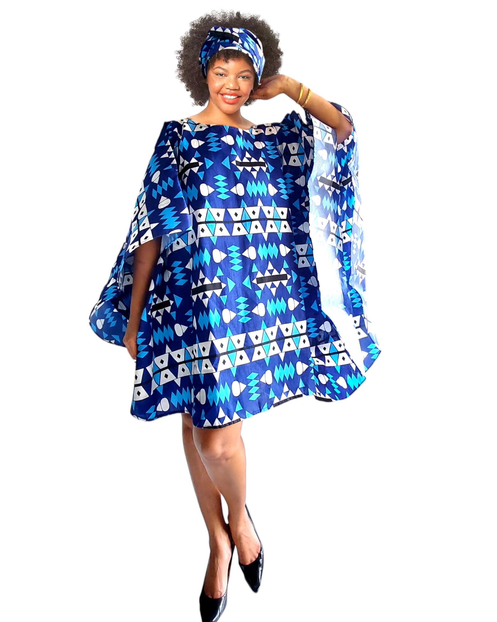 Wing Dress/Faux Silk/Poncho Dress/ Wing Sleeves-Printed 25032C