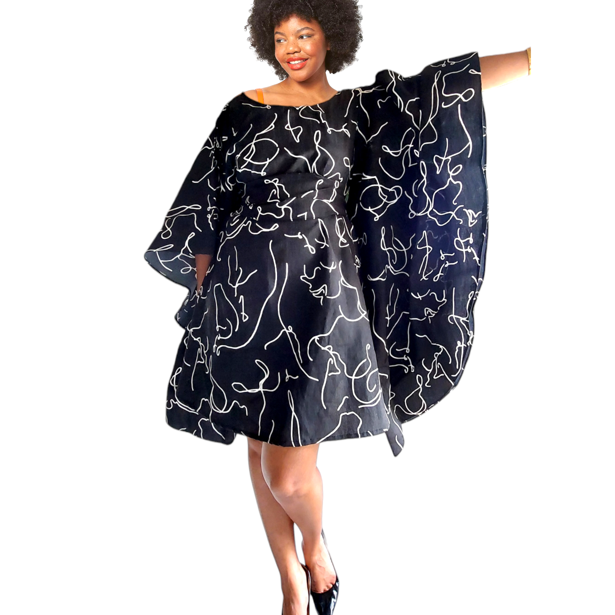 Wing Dress/Faux Silk/Poncho Dress/ Wing Sleeves-Printed 25032F