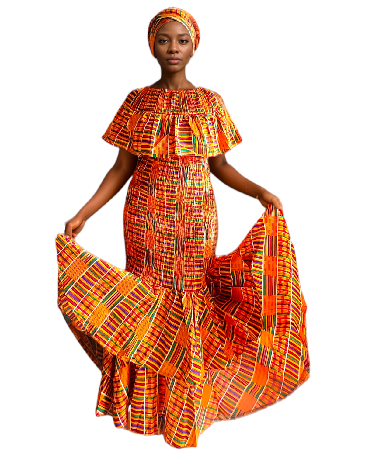 Smock Mermaid Dress - 2289 Yellow Kente India Batik Smock Mermaid Dress - 2289 Yellow Kente India Batik