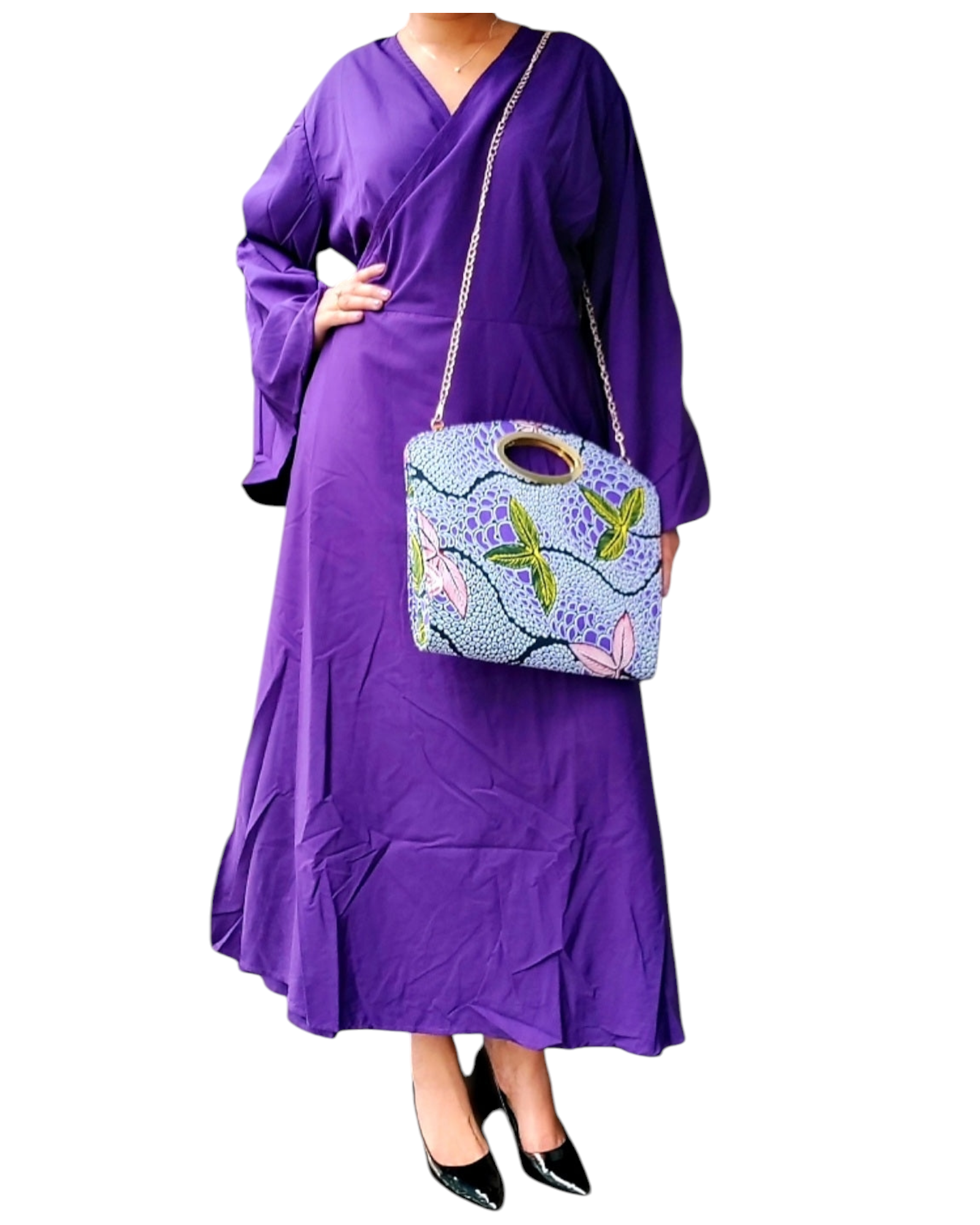 Wrap Dress / Long Bell Sleeves/ Solid- Purple 706