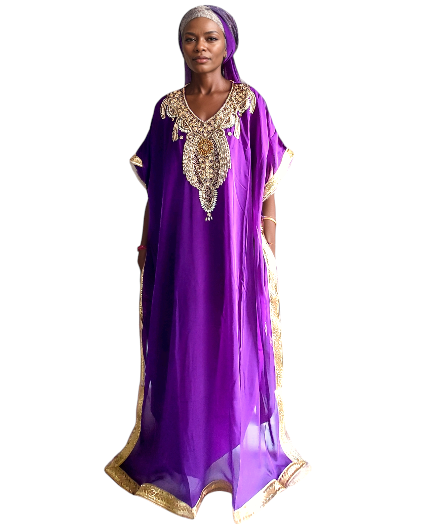Beaded kaftan Dress With Gold Border - Purple
