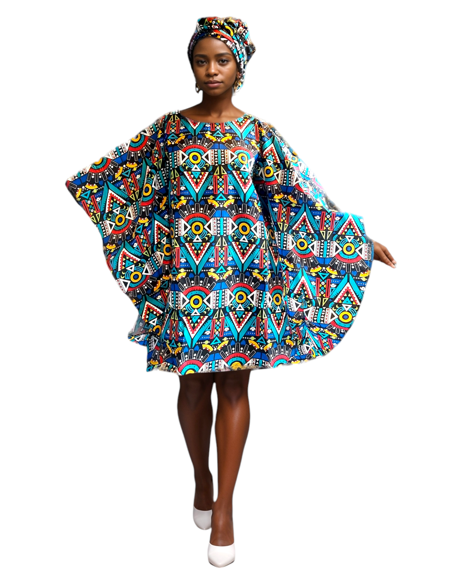 Wing Dress/Faux Silk /Poncho Dress/ Wing Sleeves-Printed 25032- B