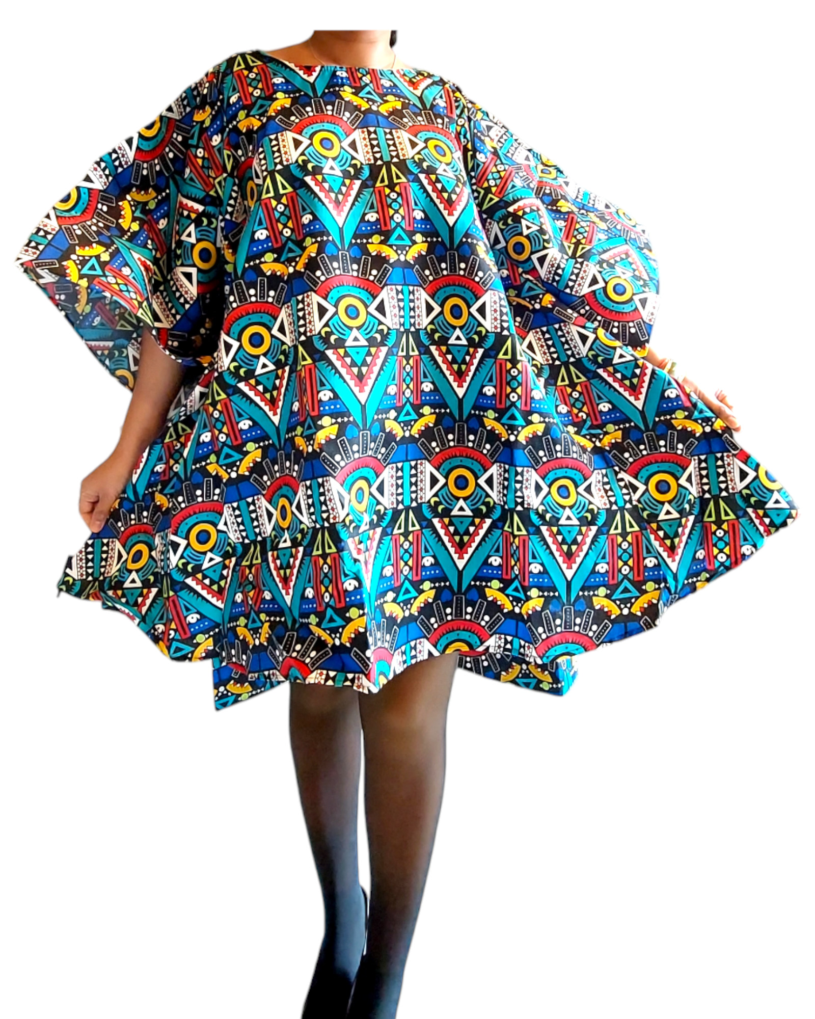 Wing Dress/Faux Silk /Poncho Dress/ Wing Sleeves-Printed 25032- B