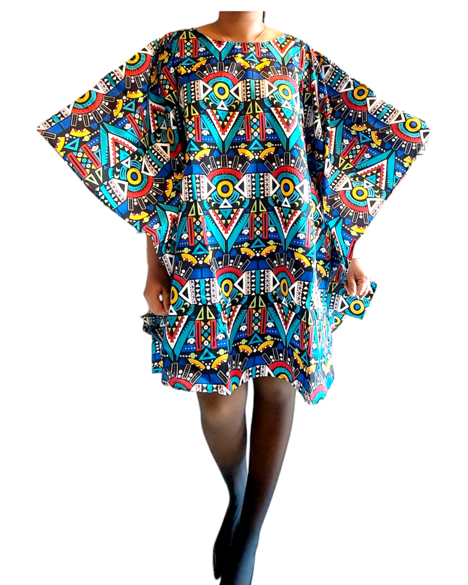 Wing Dress/Faux Silk /Poncho Dress/ Wing Sleeves-Printed 25032- B