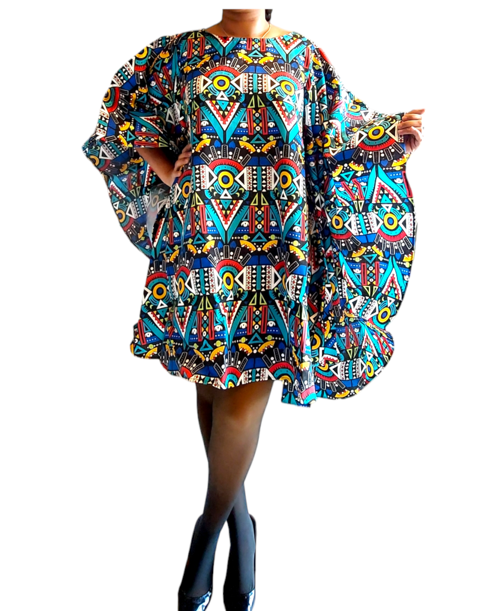 Wing Dress/Faux Silk /Poncho Dress/ Wing Sleeves-Printed 25032- B