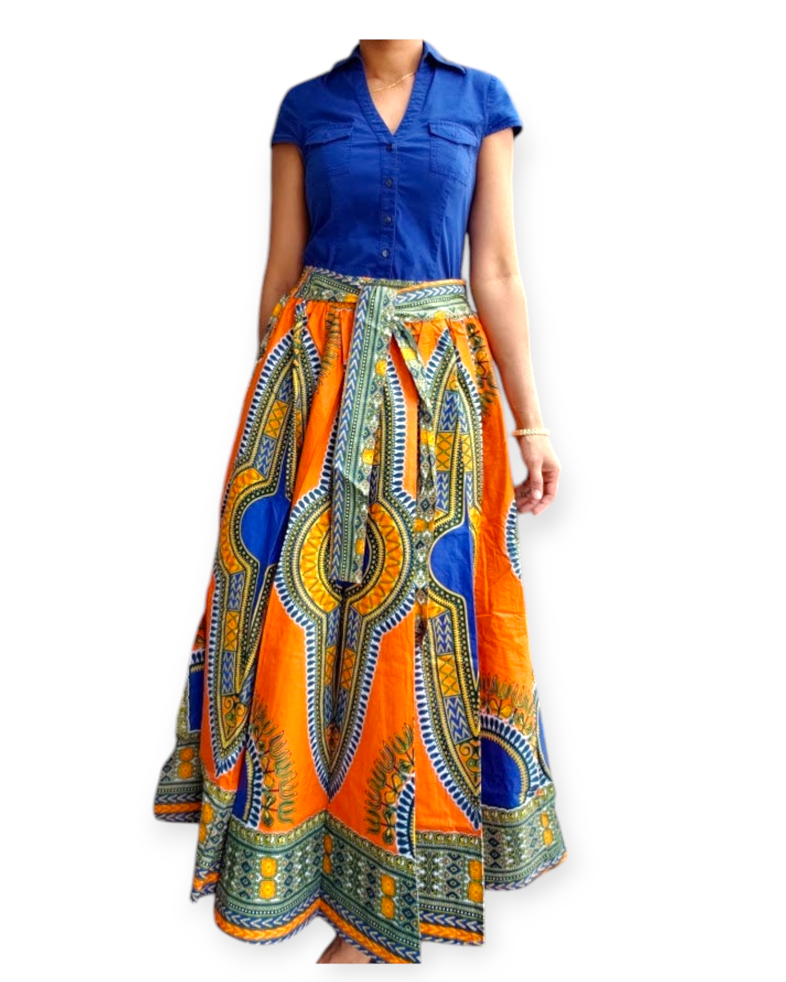 7001 Women Long Maxi Skirt- Orange Dashiki