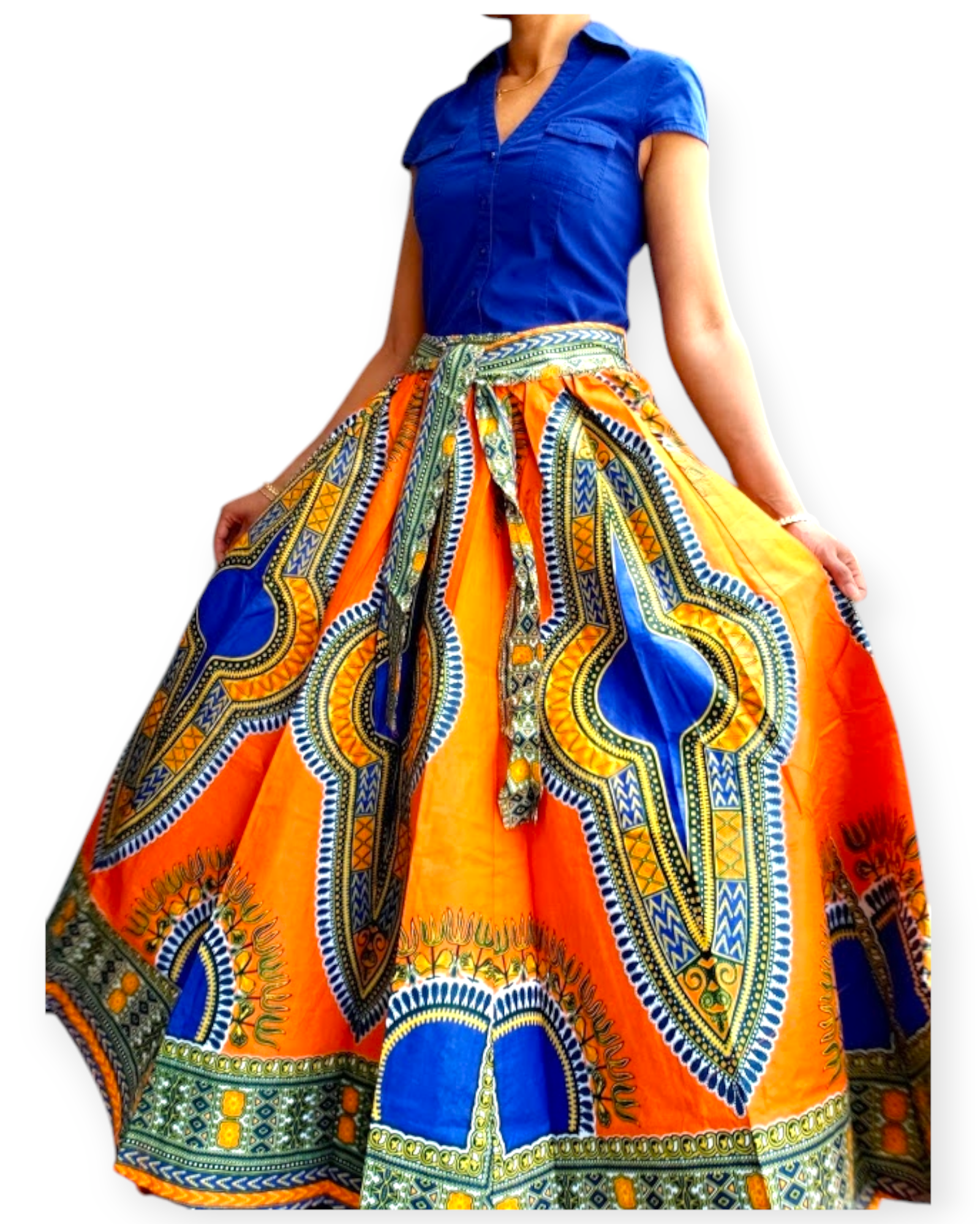7001 Women Long Maxi Skirt- Orange Dashiki