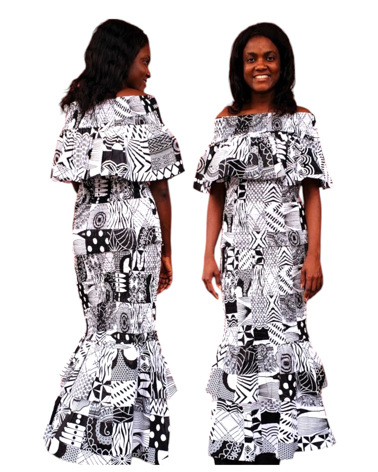 Women Smocked Skirt & Blouse Set-Black/White 9010