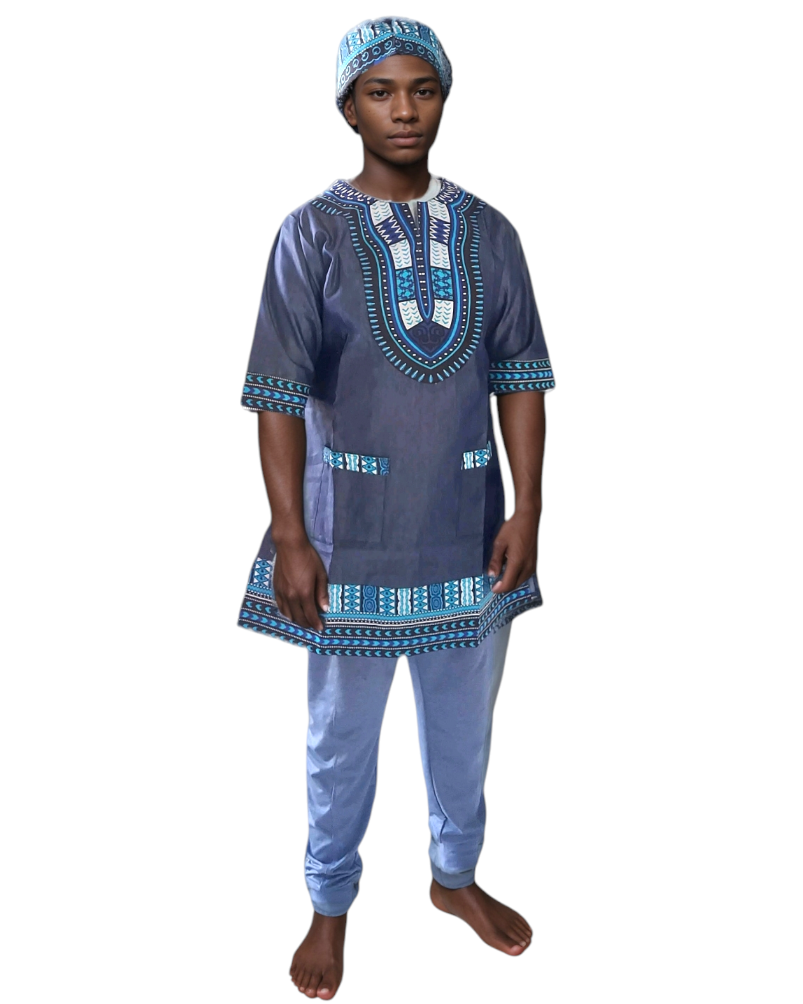 Tunic Shirt / Men/ Unisex/Denim Dashiki With Kufi Hat- Blue