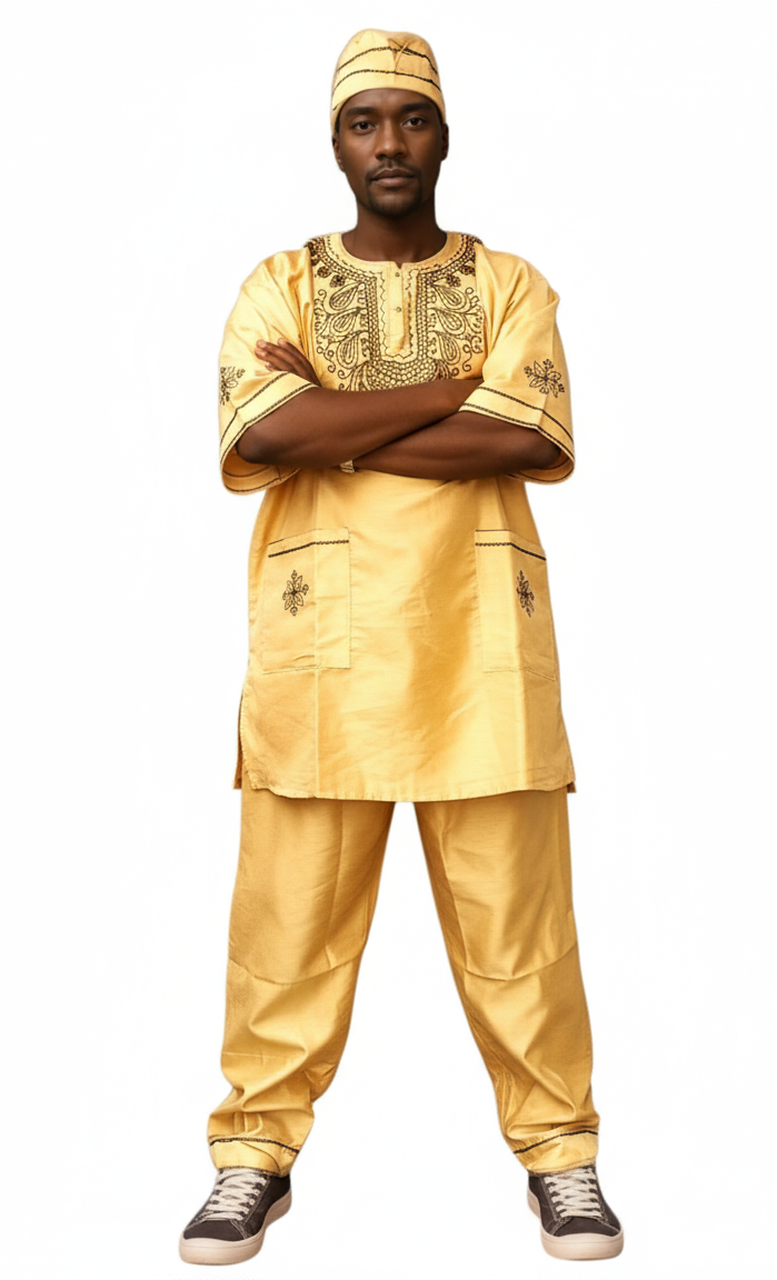 Men's African Attire/ 3Pcs Silk Embroidery Set Beige