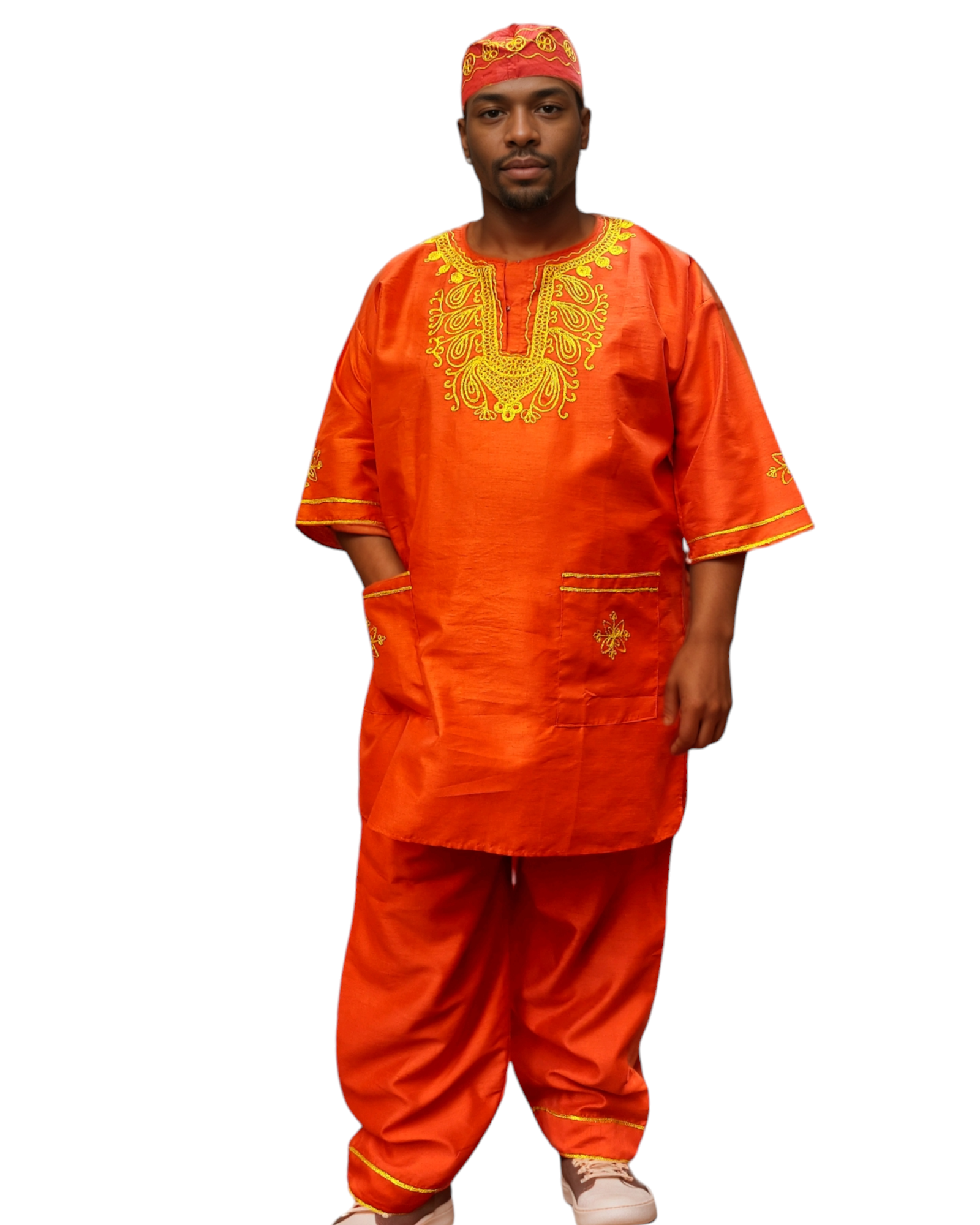 Men's African Attire/ 3Pcs Silk Embroidery Set Red