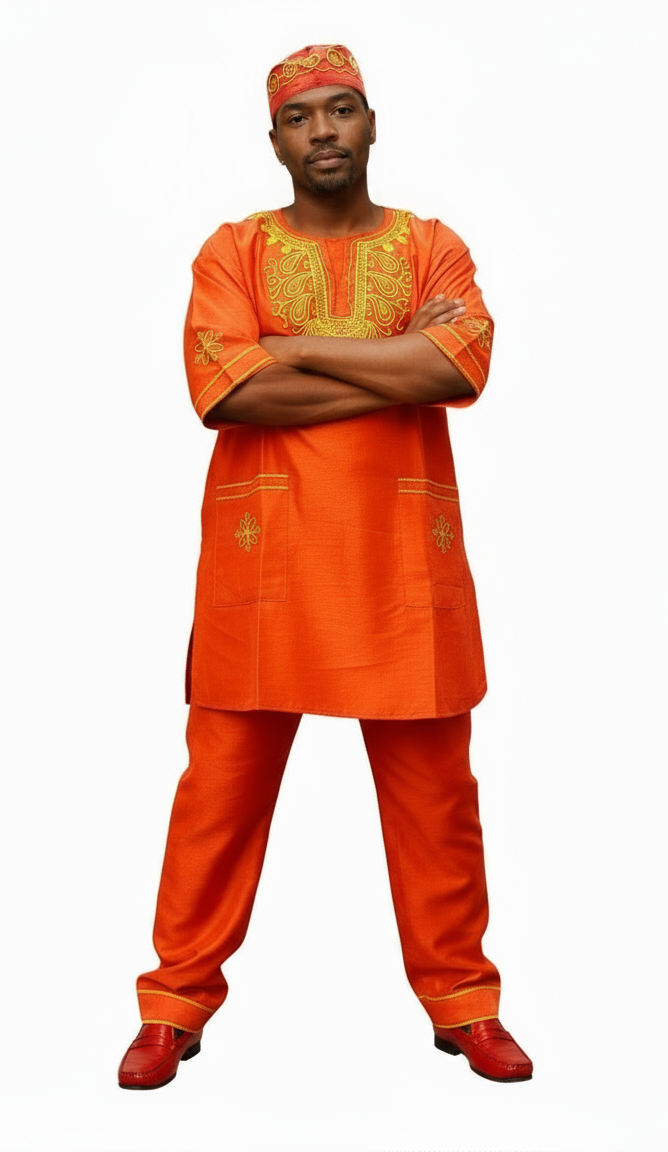 Men's African Attire/ 3Pcs Silk Embroidery Set Red