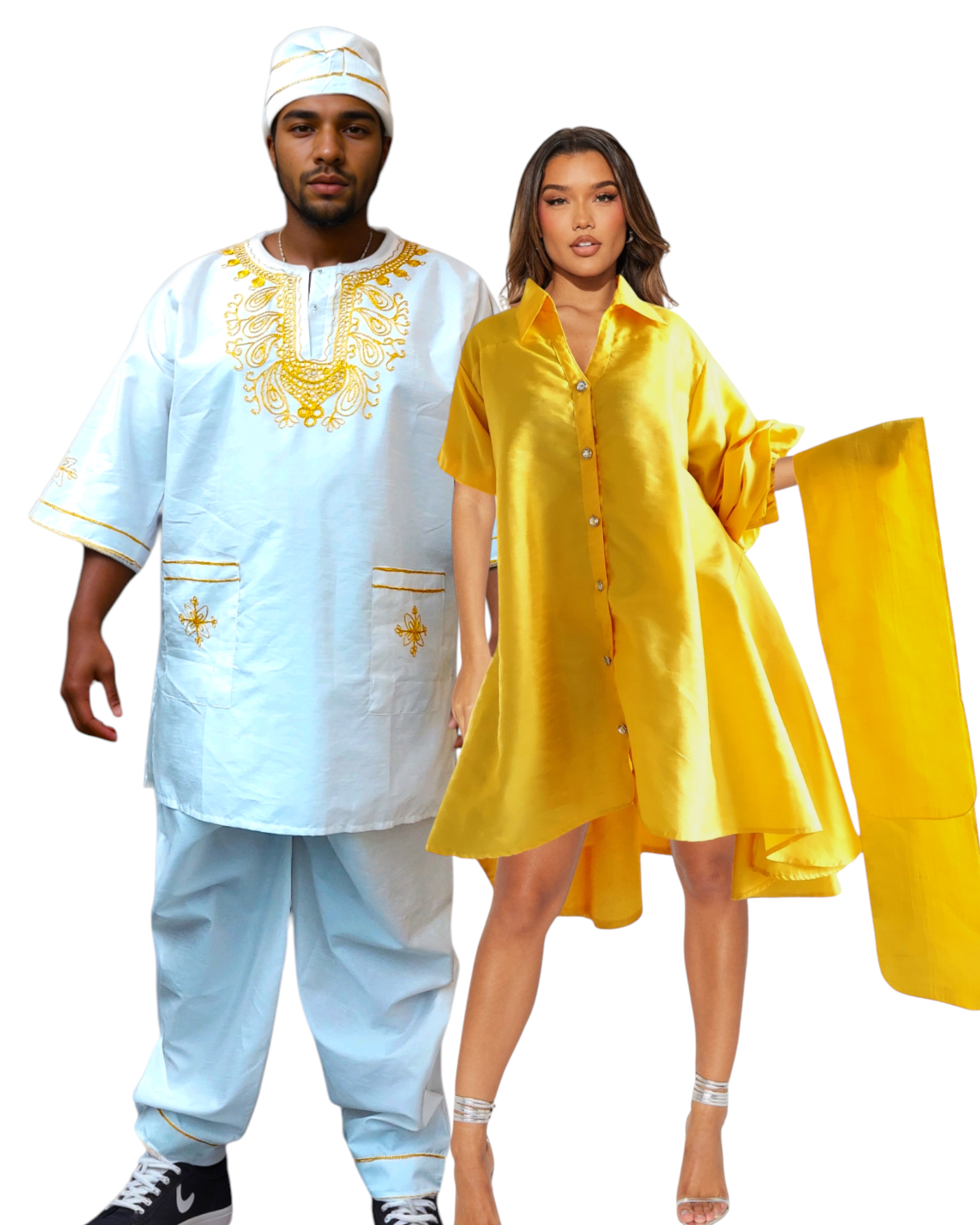 Couples Matching Faux Silk Set-White/Gold