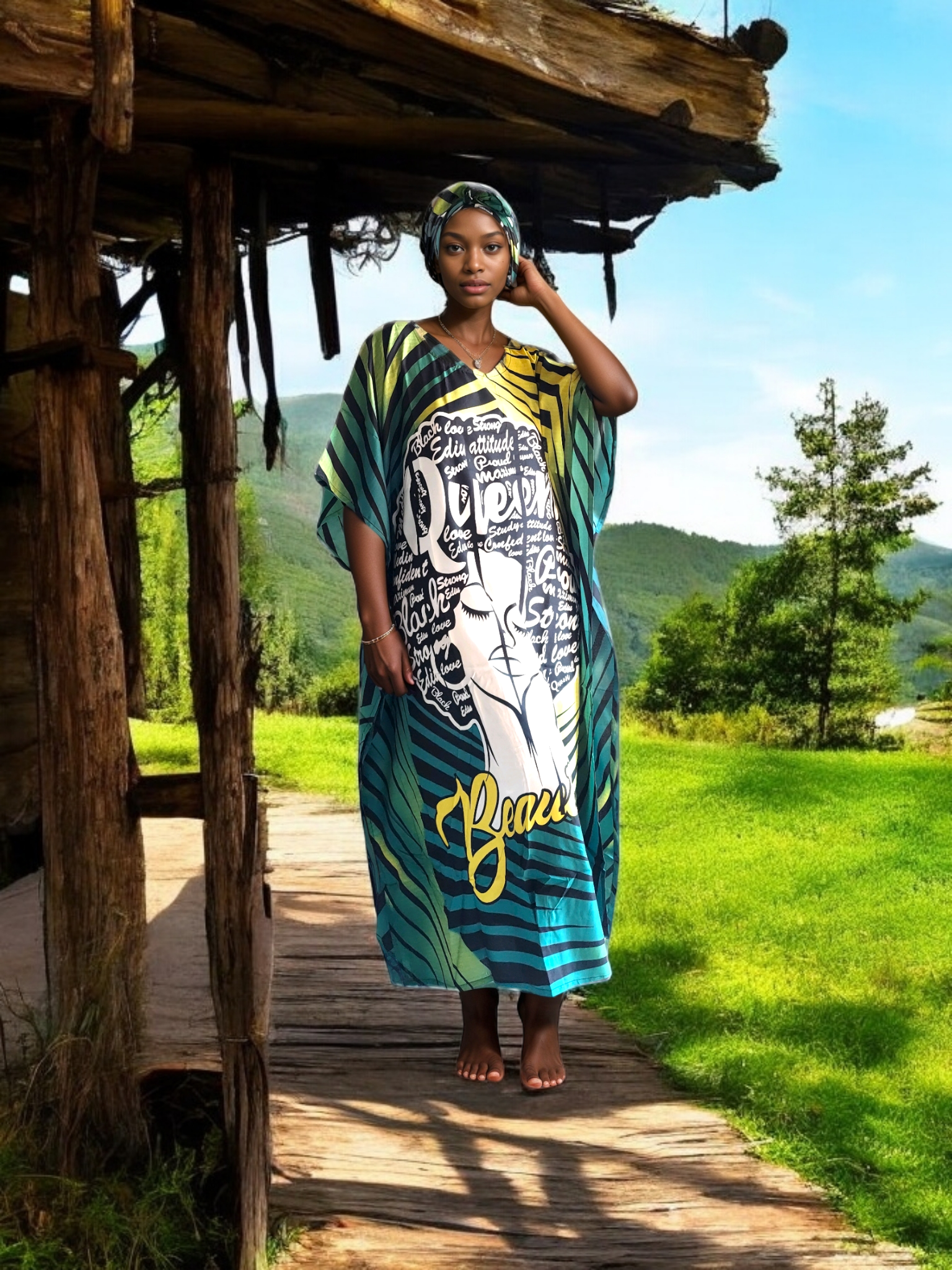 Kaftan Dress /Ethnic Print Green - 007