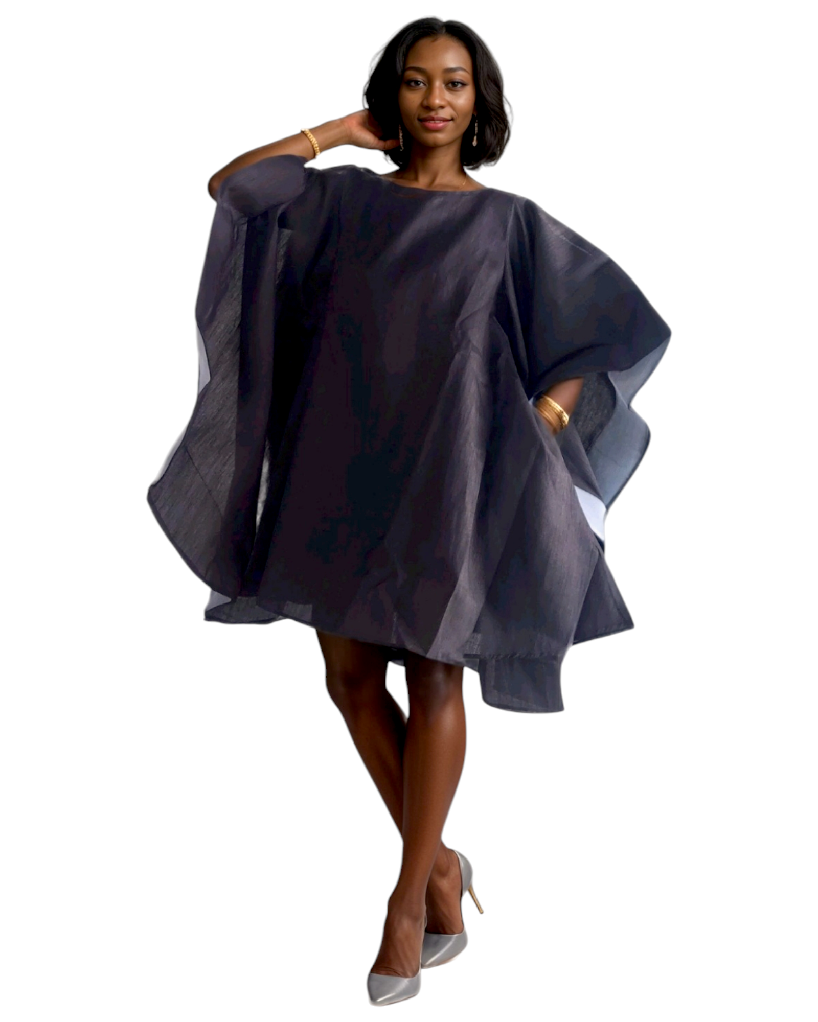 Wing Dress/Faux Silk/ Poncho Dress/ Wing Sleeves-23032 Black