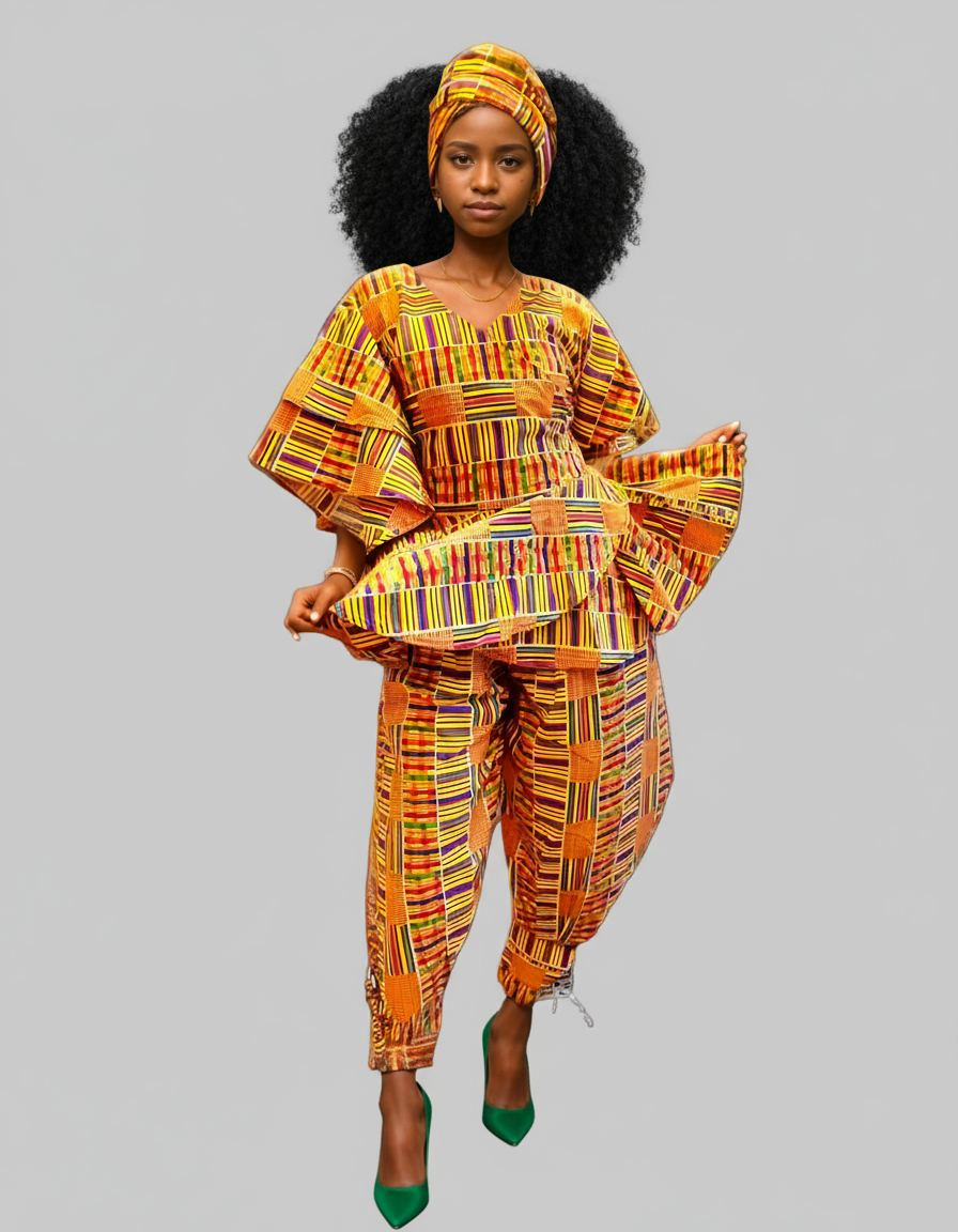 1203-29 Harem Pant & Wrap Blouse Light Kente