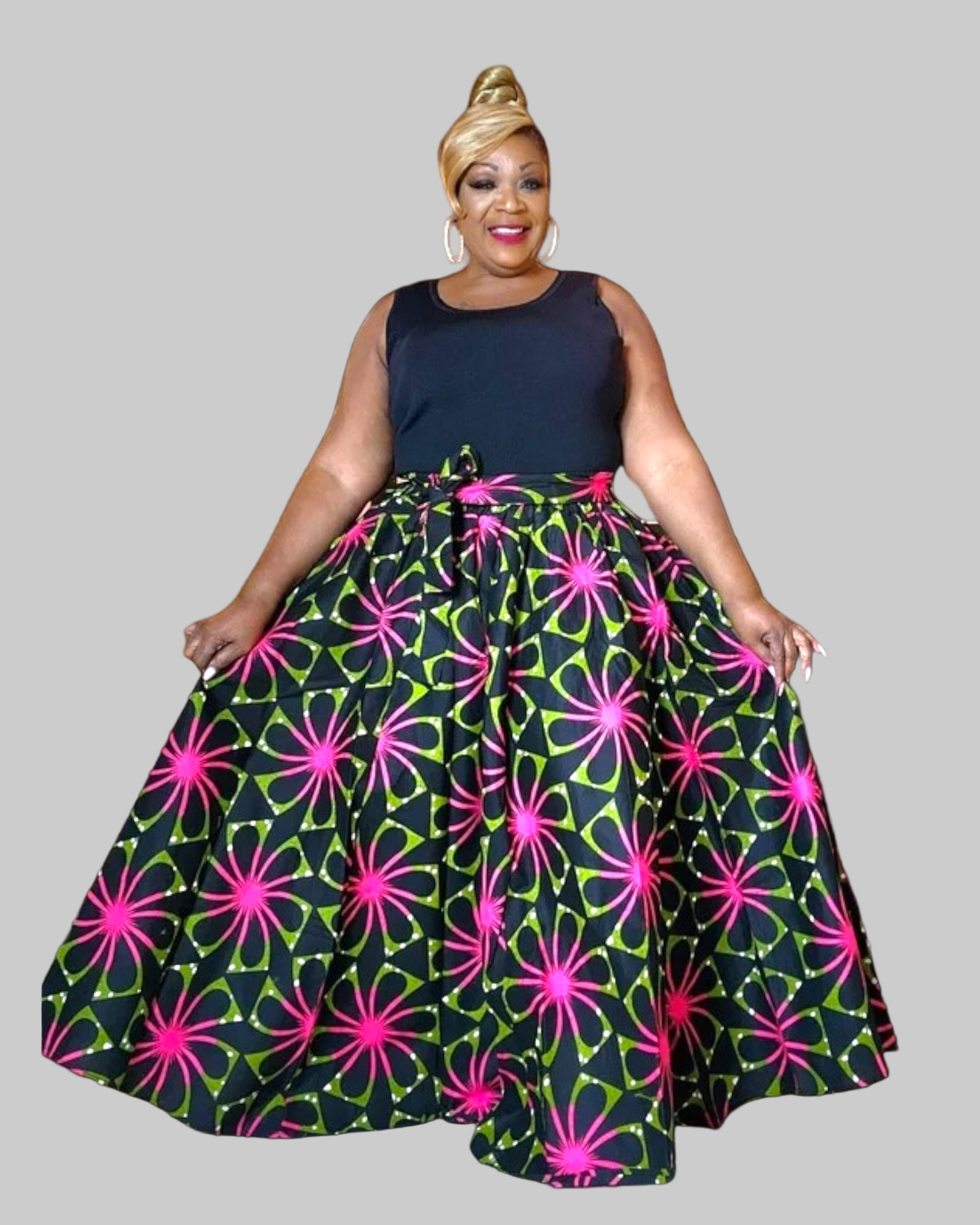 7001- Women Long Maxi Skirt-Black/Pink