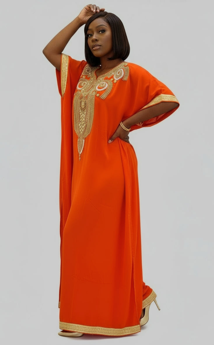 Beaded kaftan Dress With  Border Orange