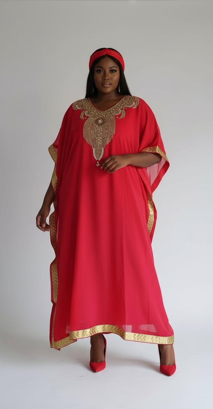Beaded kaftan Dress With Gold Border - Red India Batik Beaded kaftan Dress With Gold Border - Red India Batik