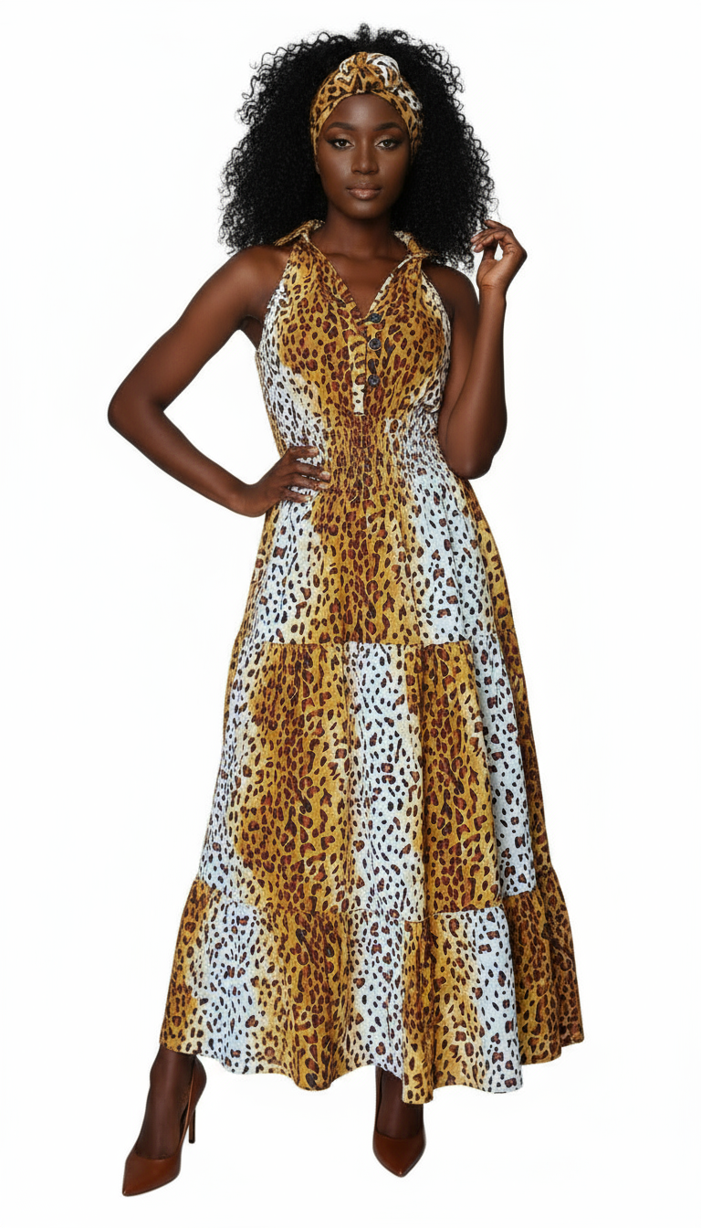 Smocked Halter Dress With Scarf Tan Animal- 3028L