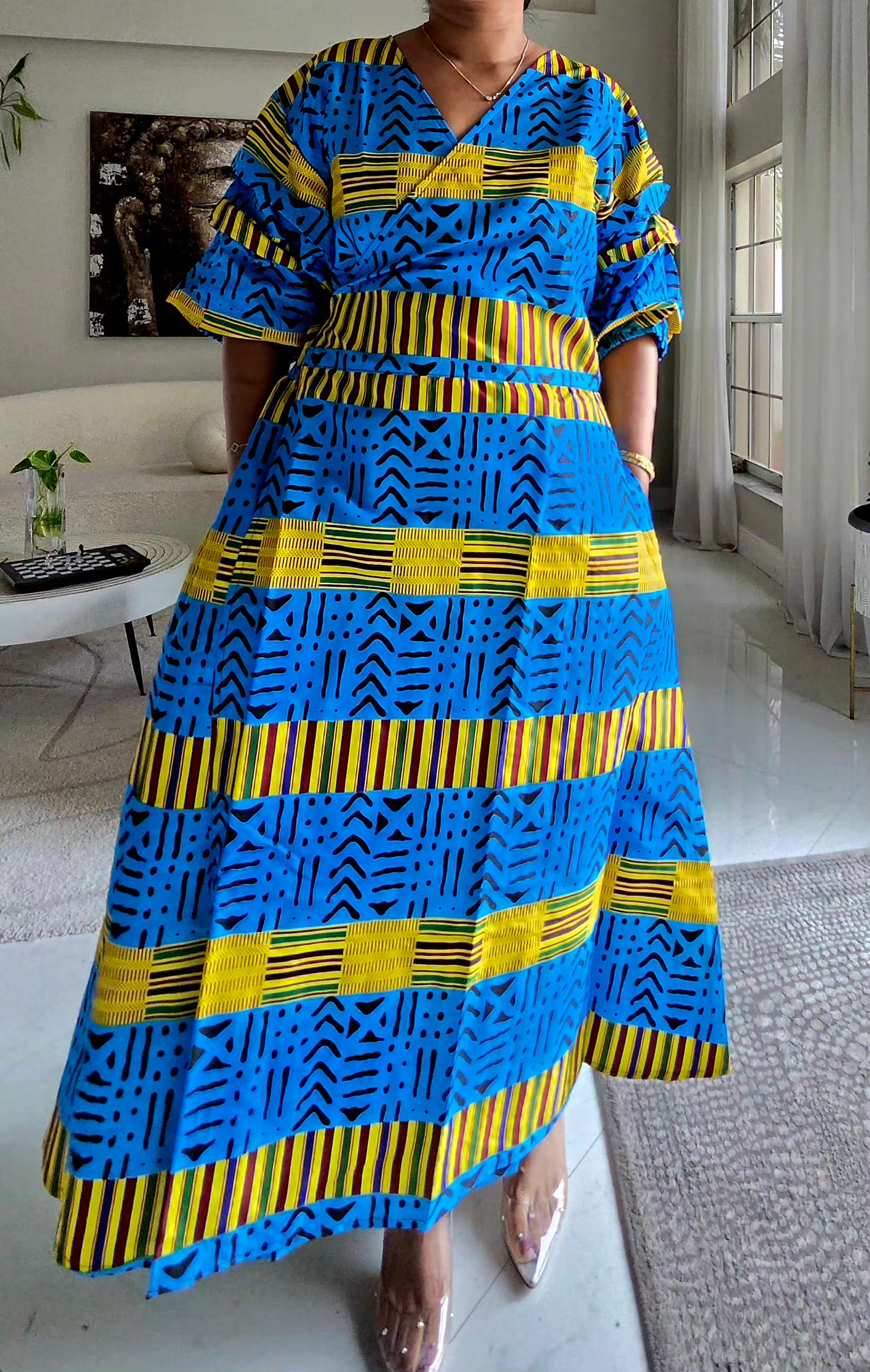 746 Wrap Dress With Puffed Sleeves Print 848