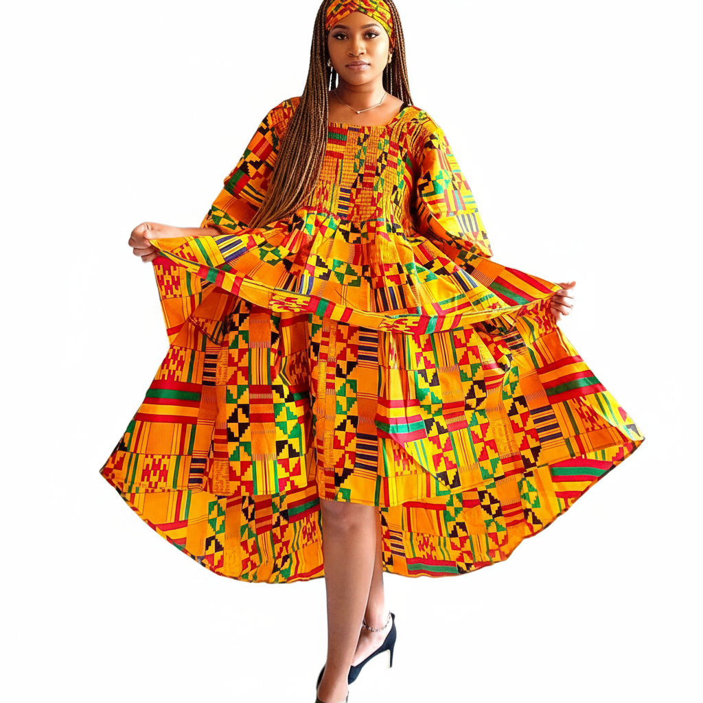 Women High/Low Flounce Dress  -DRS045 Kente