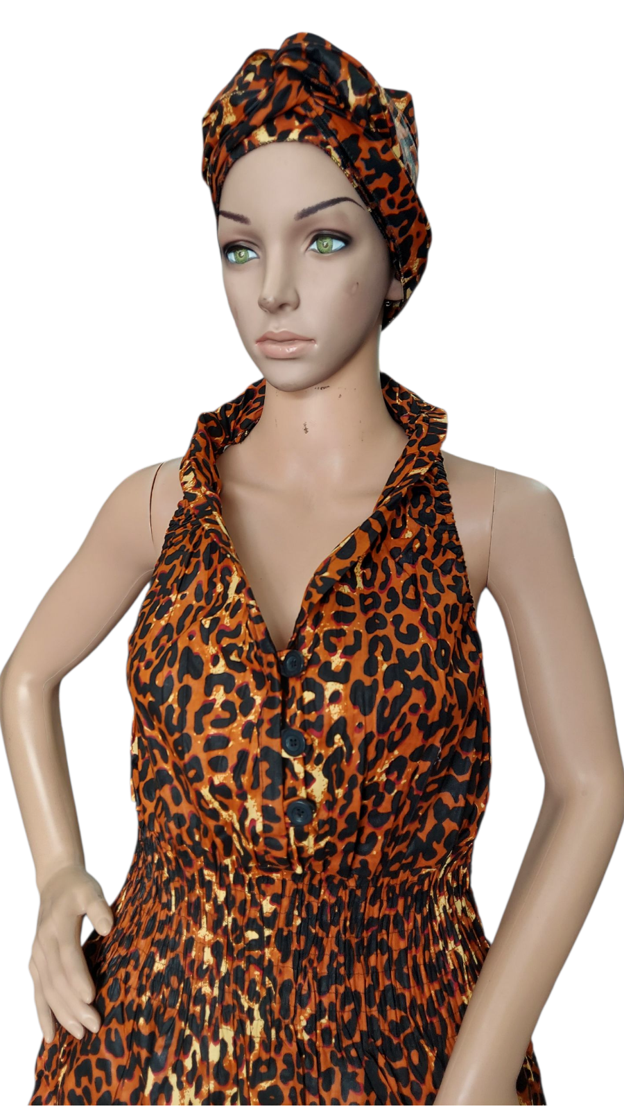 Smocked Halter Dress With Scarf Brown Animal- 3028L