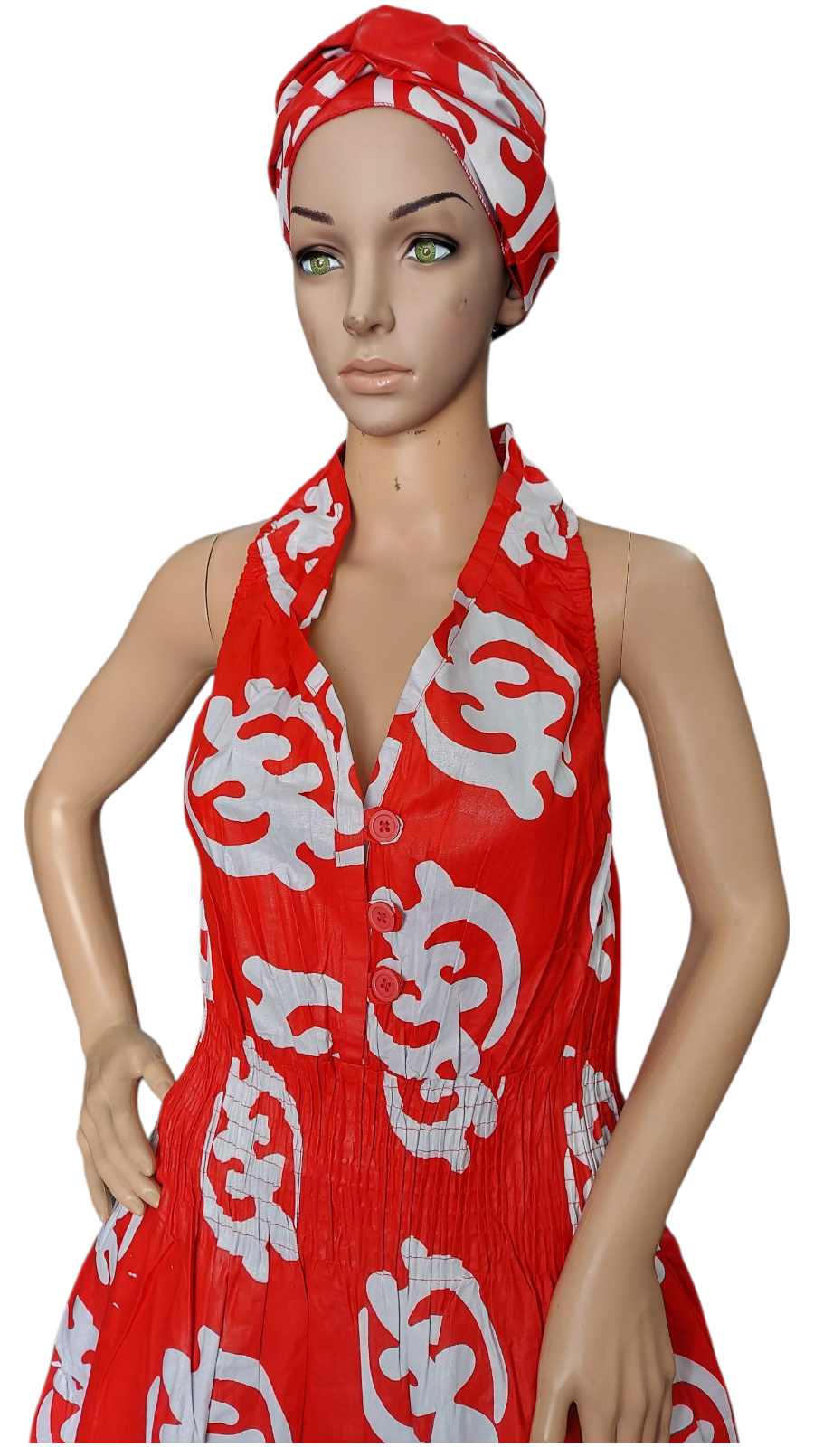Smocked Halter Dress With Scarf Red Gynamee- 3028L