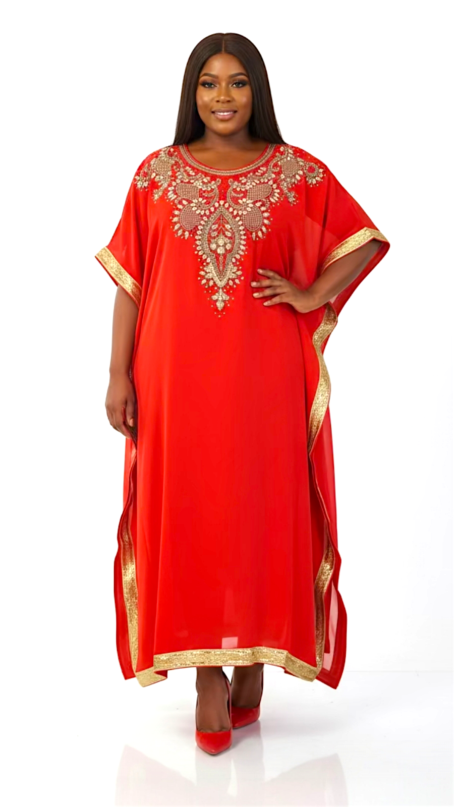Beaded kaftan Dress With Gold Border J103