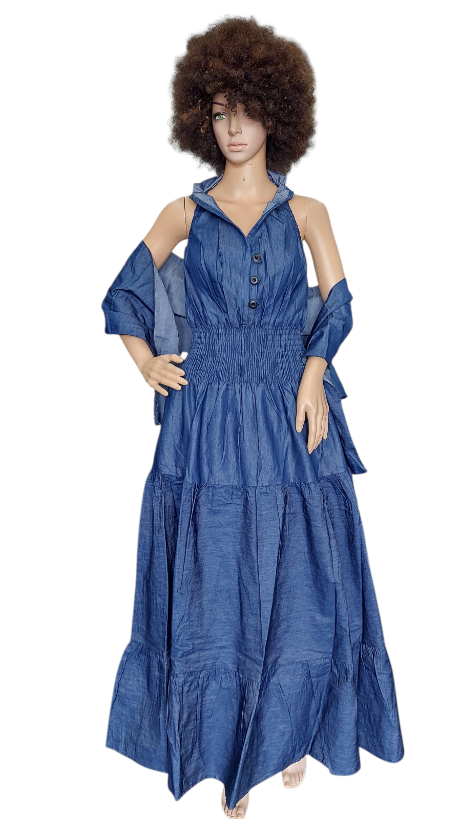 Smocked Halter Dress With Scarf Blue Denim - 3028L