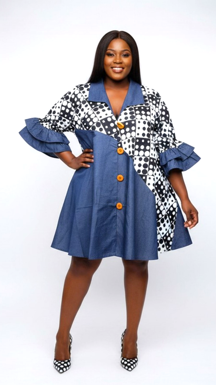 Denim Shirt Dress with Ankara African Print 3139-K