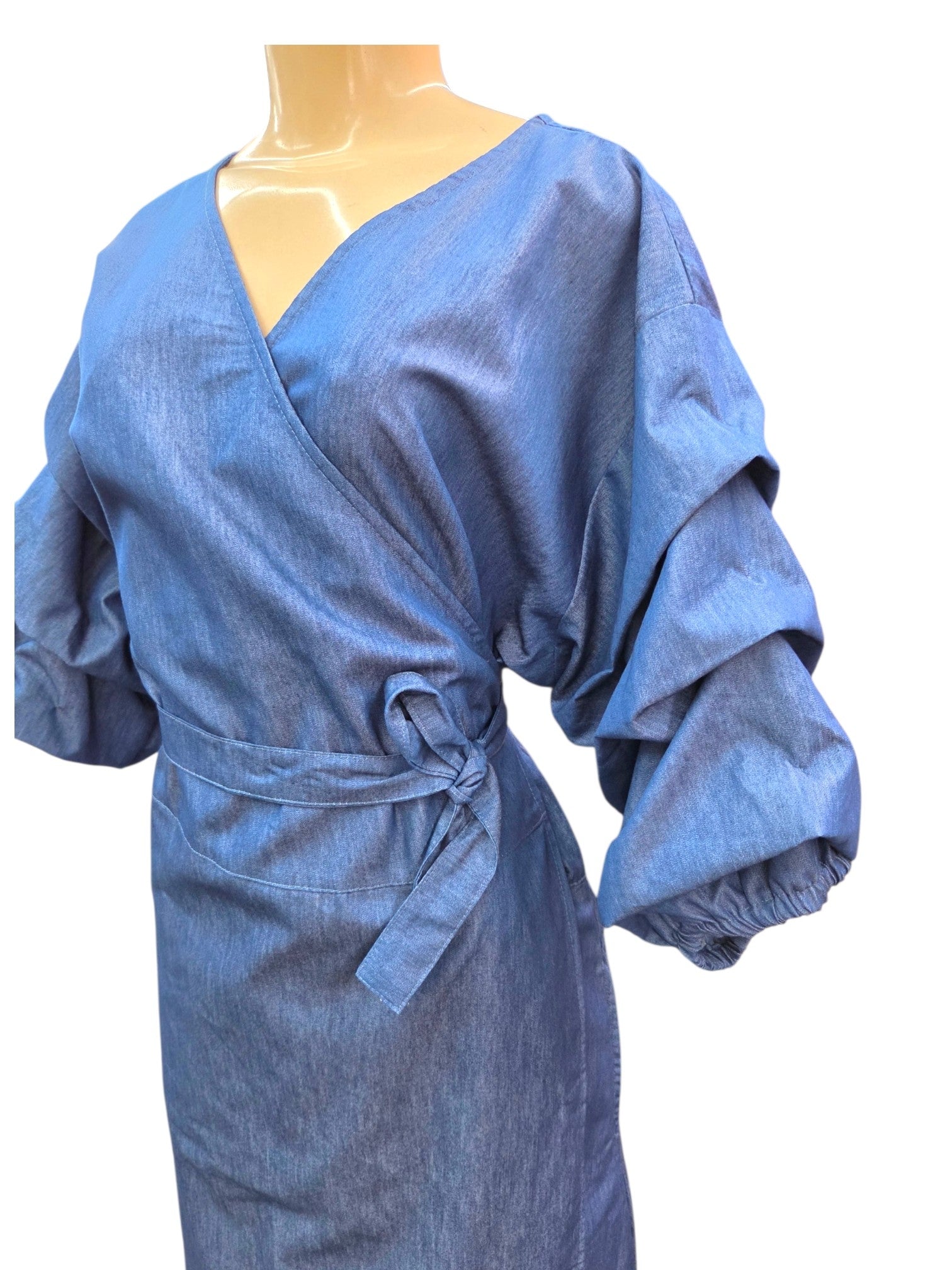 Denim Wrap Dress With Ruffle Sleeve S2