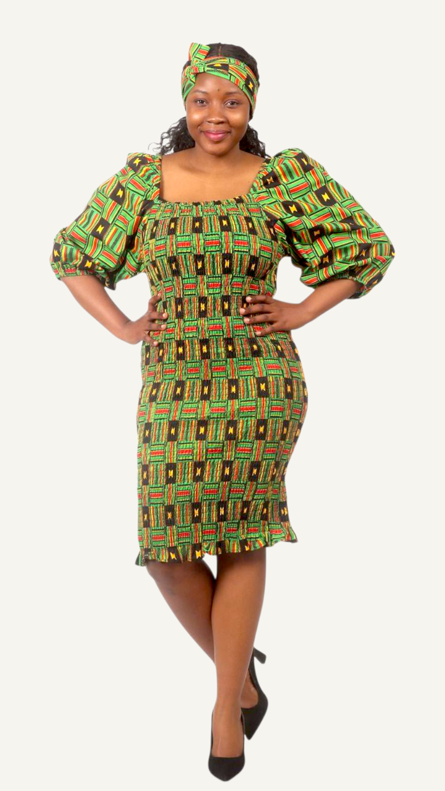 Fitted Smock Mid length Dress/ Puff Sleeve- KVZ35 Green