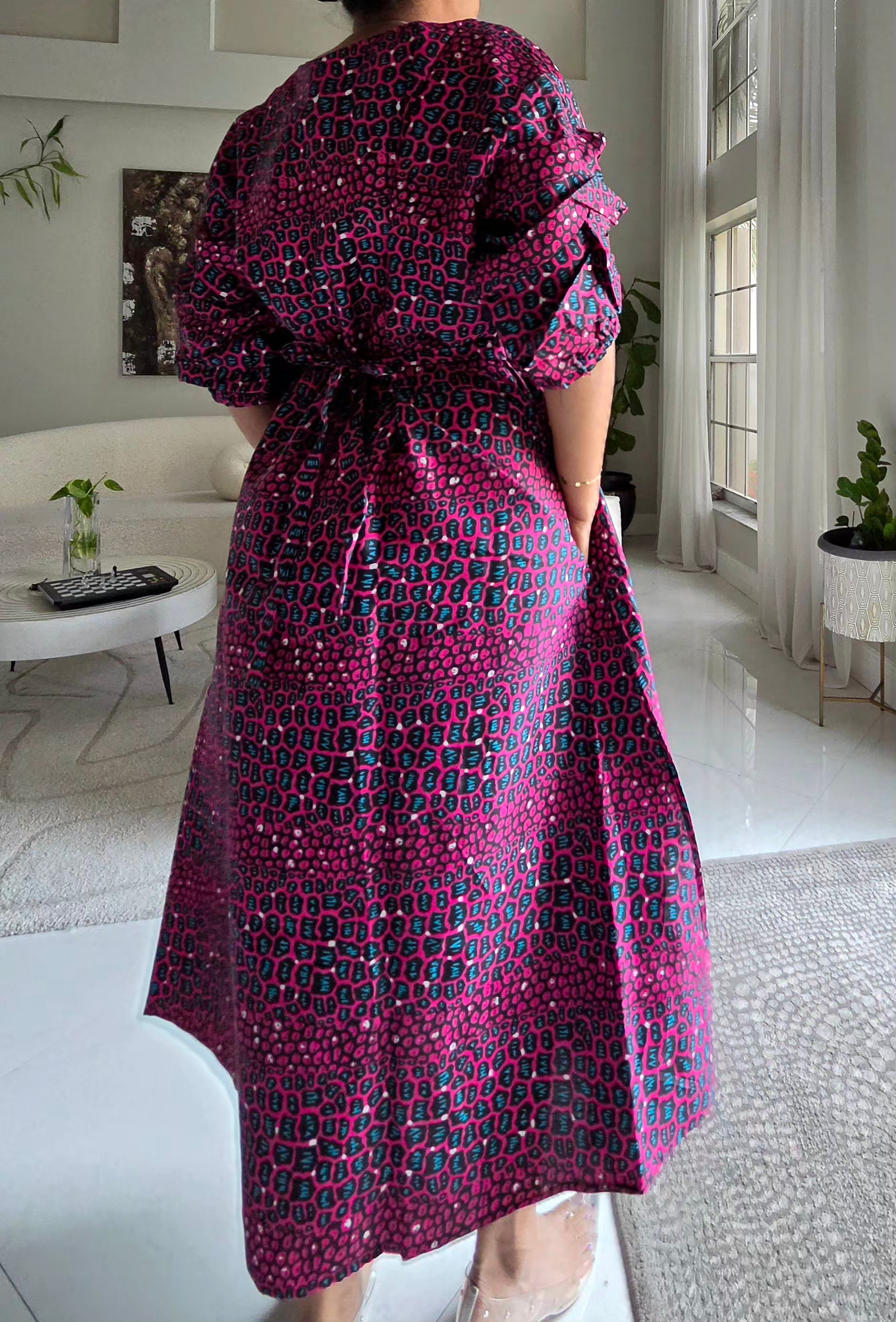 746 Wrap Dress With Puffed Sleeves Print  839