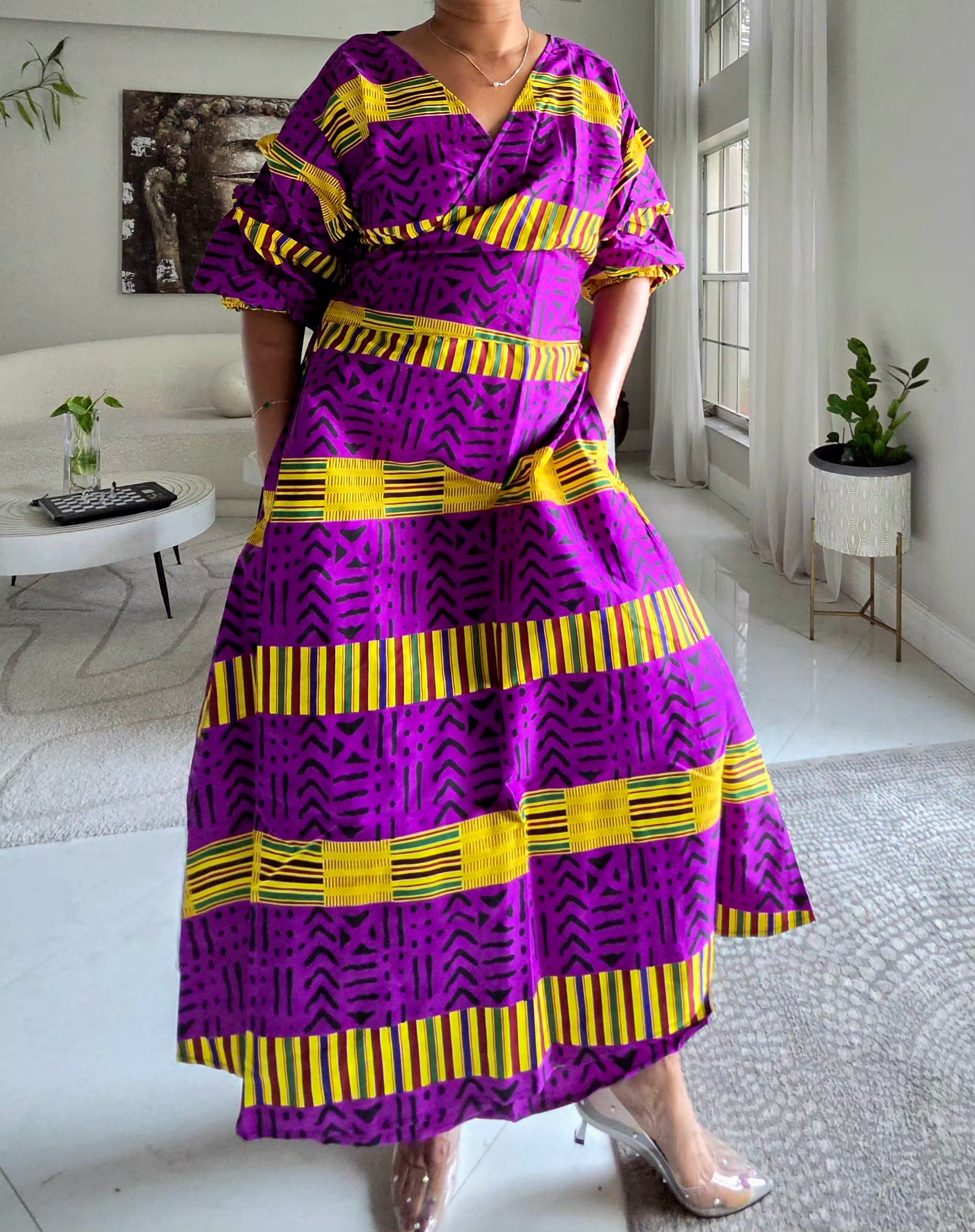 746 Wrap Dress With Puffed Sleeves Print 849
