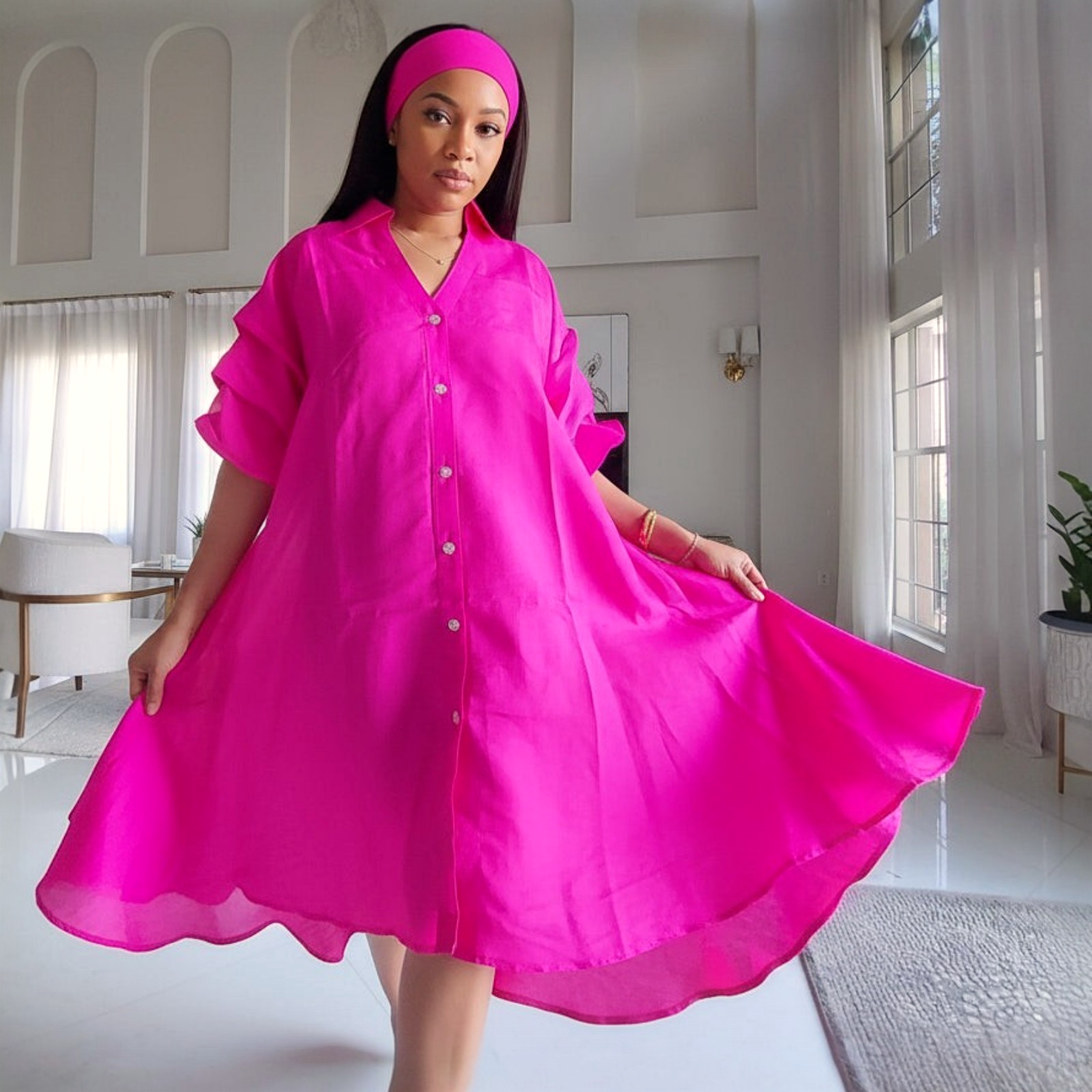 Swing Dress/ Faux Silk/ Ruffle Sleeve - 758 Bright Pink