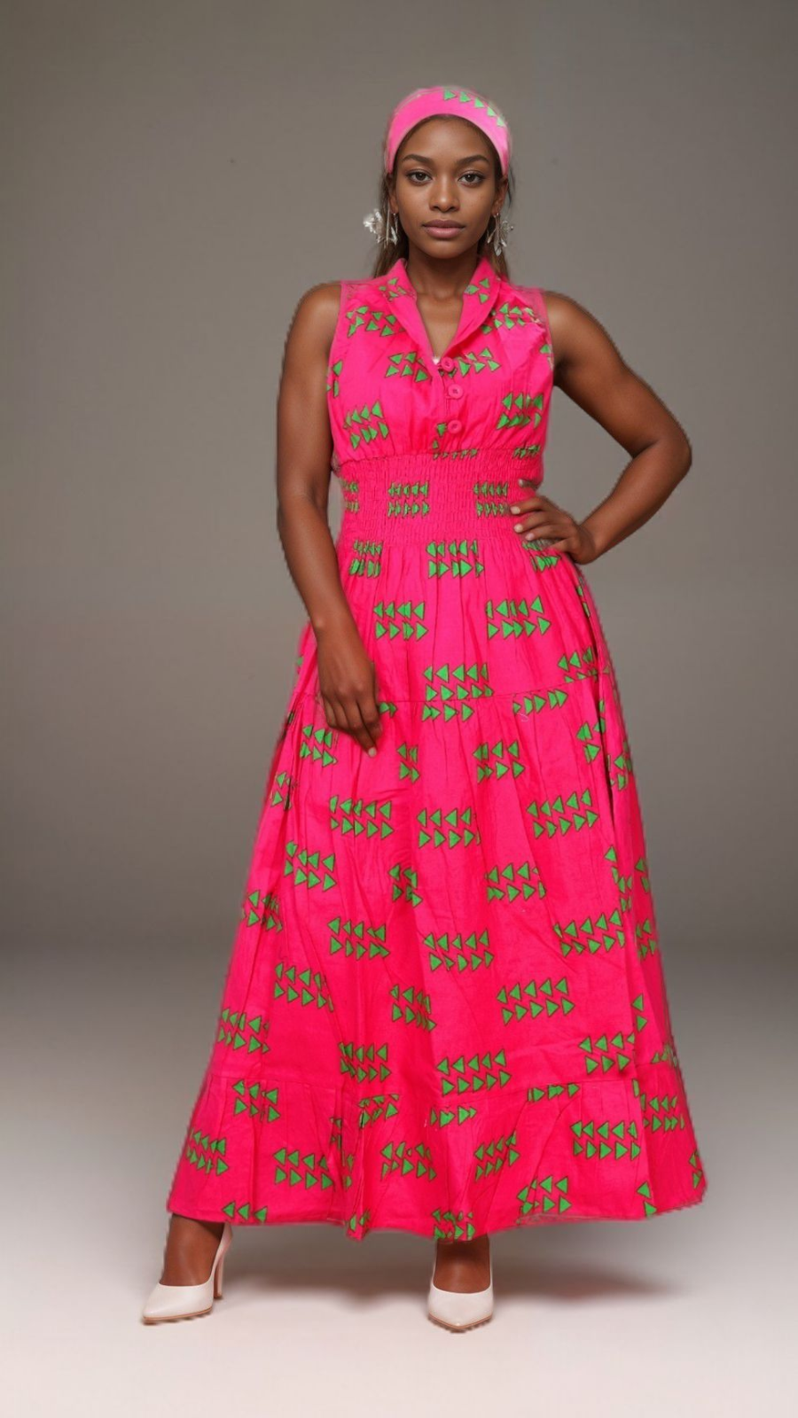 5005 Long Smocked Dress With Scarf Fuchsia - Print 528