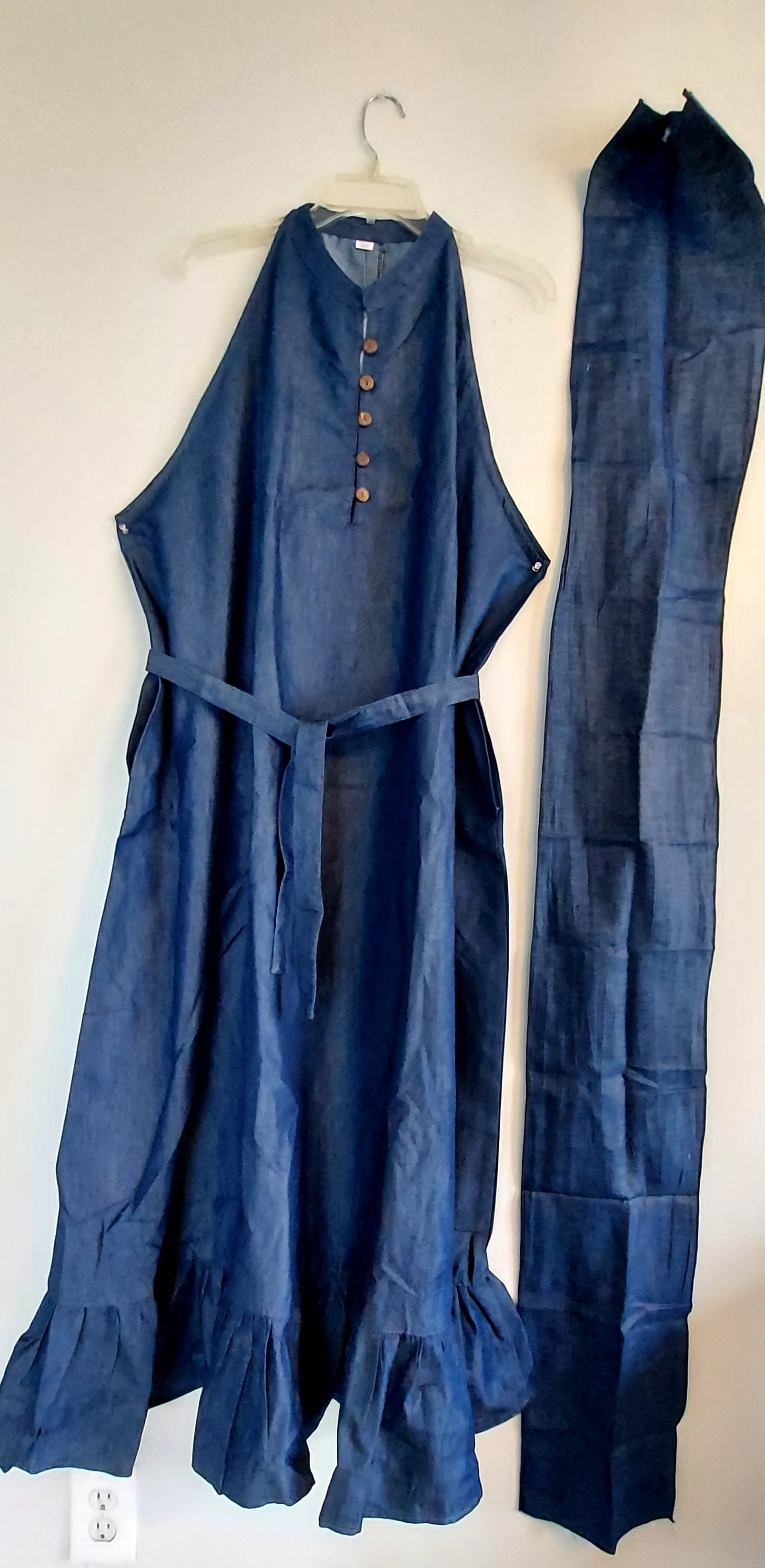 Haltered Neck Button Long Dress 795 Dark Denim