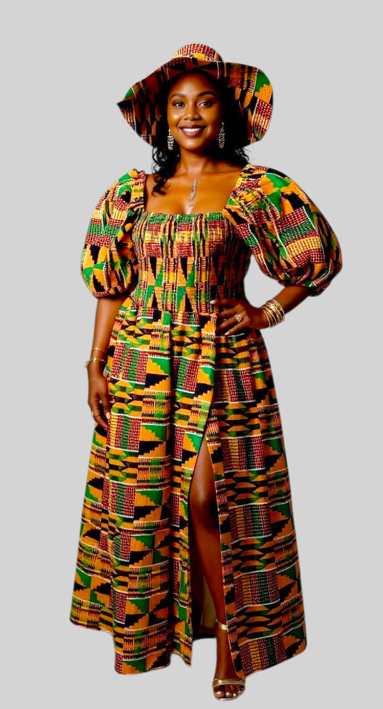 Maxi Slit Dress with Hat & Scarf Set SD01 Kente
