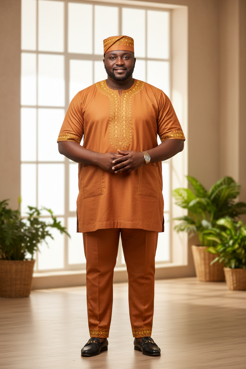 Men’s 3-Piece Embroidered Traditional Set – Kufi Hat, Tunic Shirt & Long Pant 764 Rust