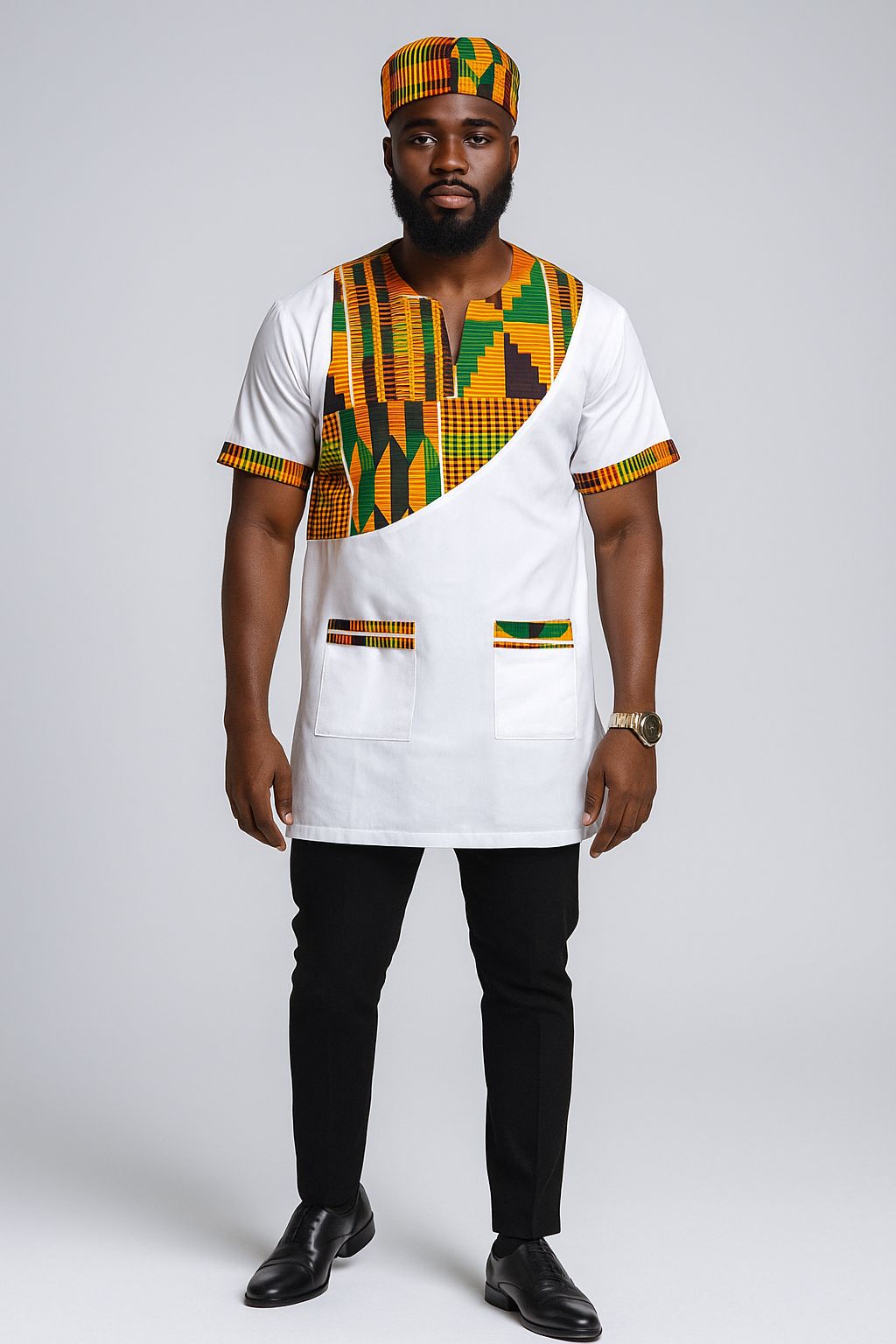 Men Tunic Shirt & Kufi Hat Kente Accent- White M040
