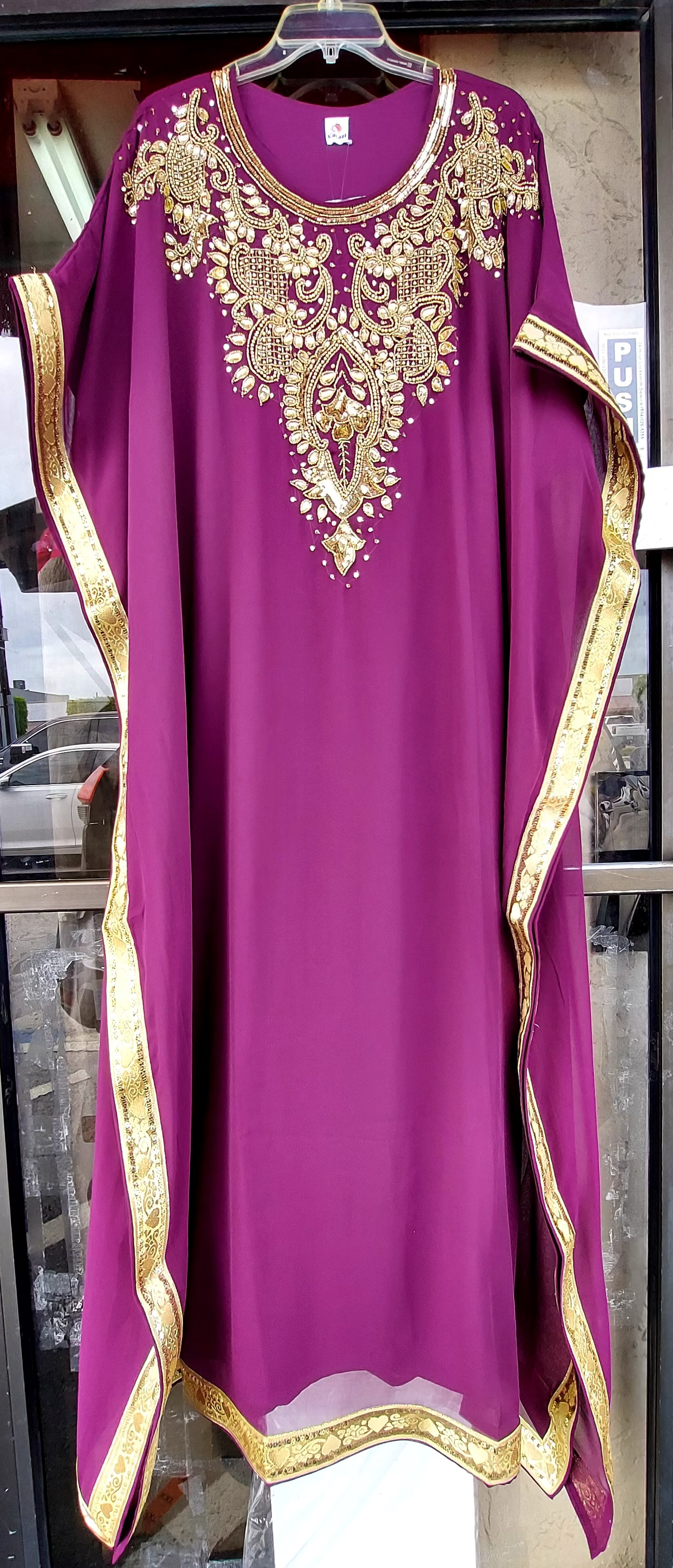 Beaded kaftan Dress With Gold Border Burgundy 103
