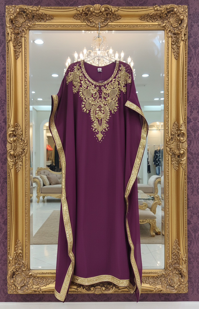 Beaded kaftan Dress With Gold Border Burgundy 103